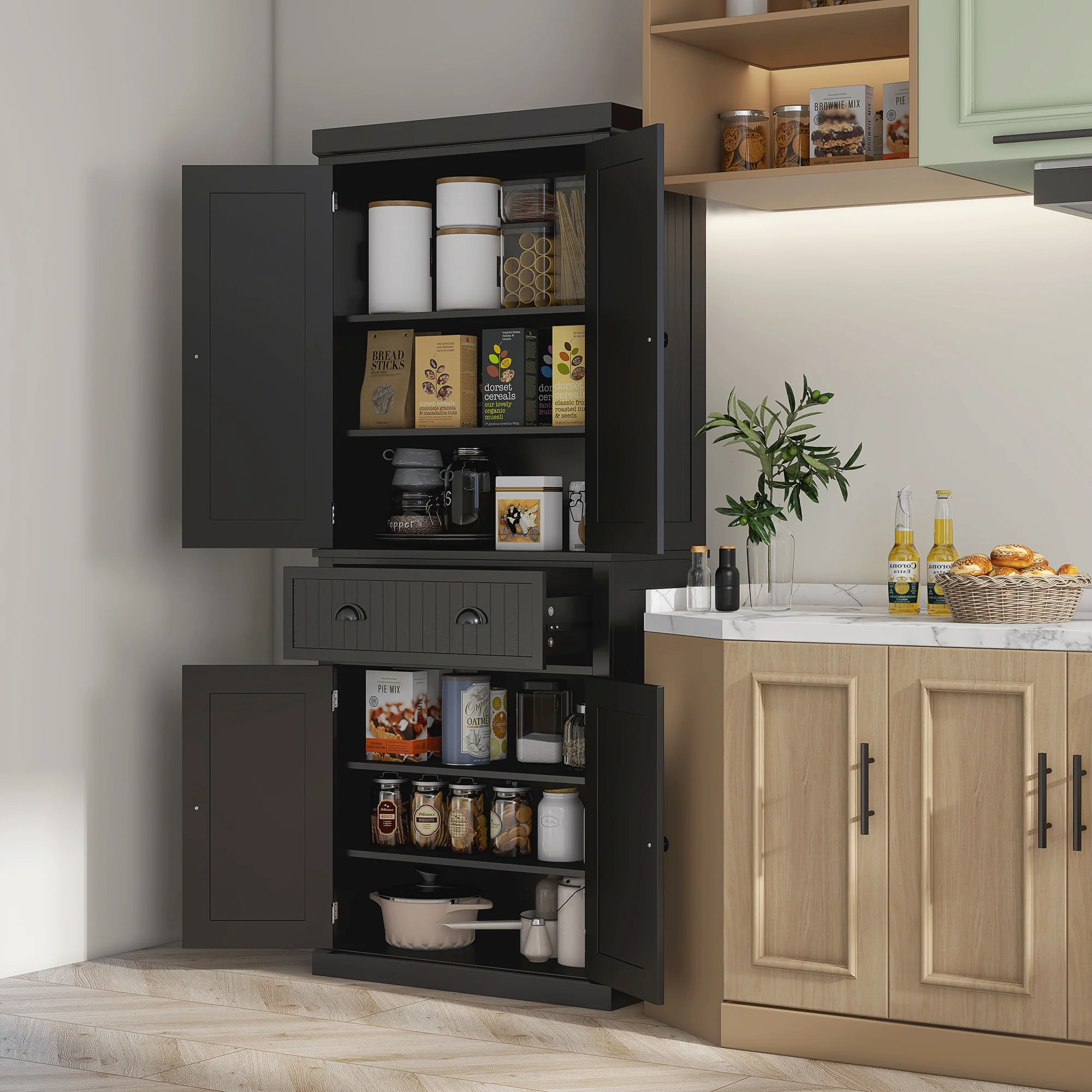 183cm Freestanding Kitchen Cupboard with 4 Doors and 3 Adjustable Shelves, Black - Image 3