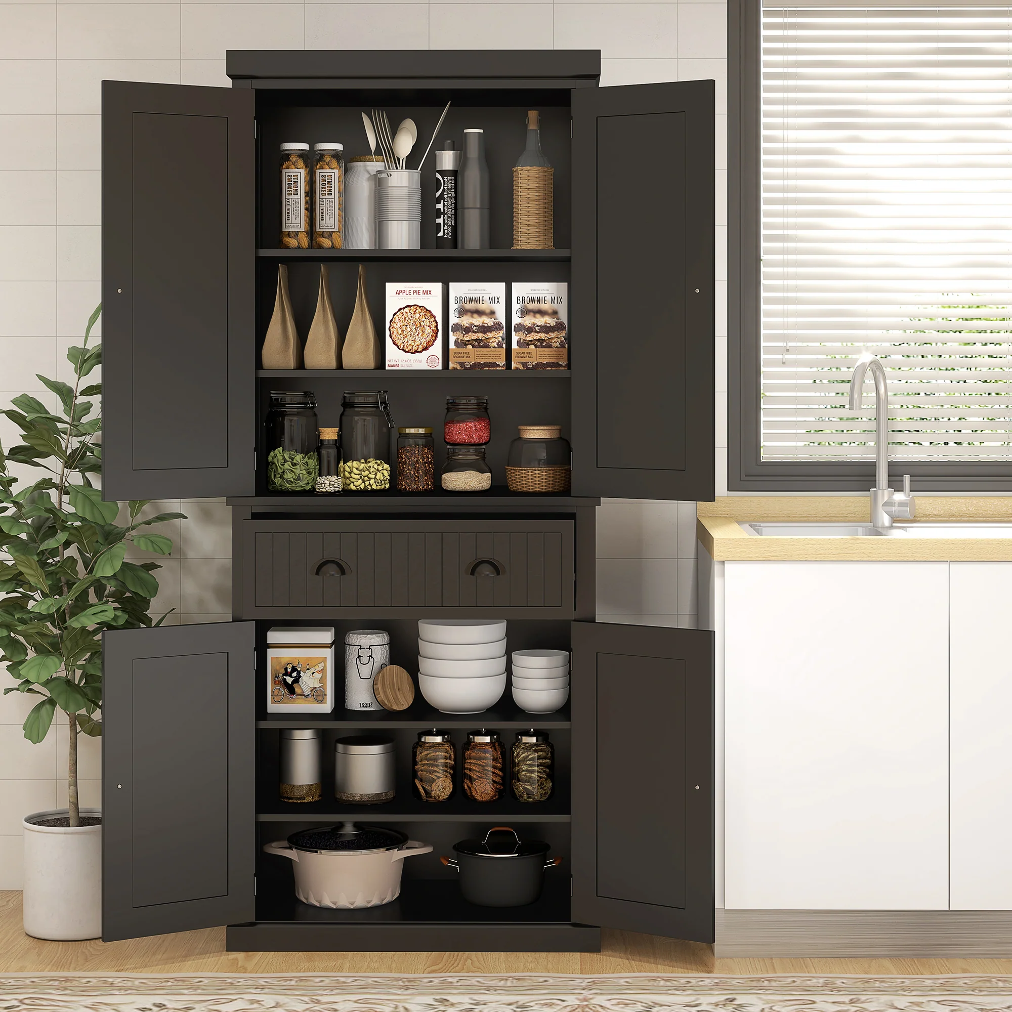 183cm Freestanding Kitchen Cupboard with 4 Doors and 3 Adjustable Shelves, Black - Image 4
