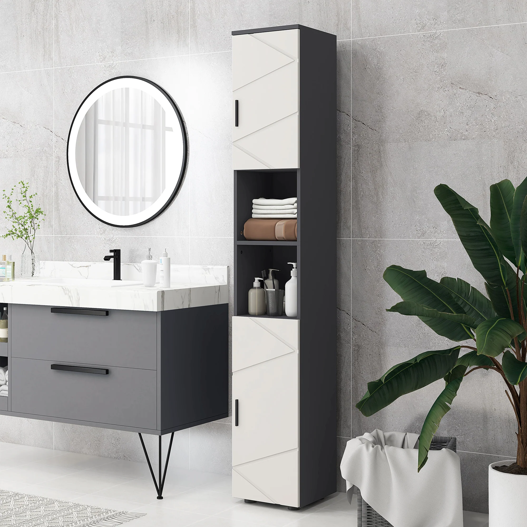 183cm Tall Slim Bathroom Cabinet, Freestanding Storage Cabinet with 2 Open Shelves, Grey - Image 4