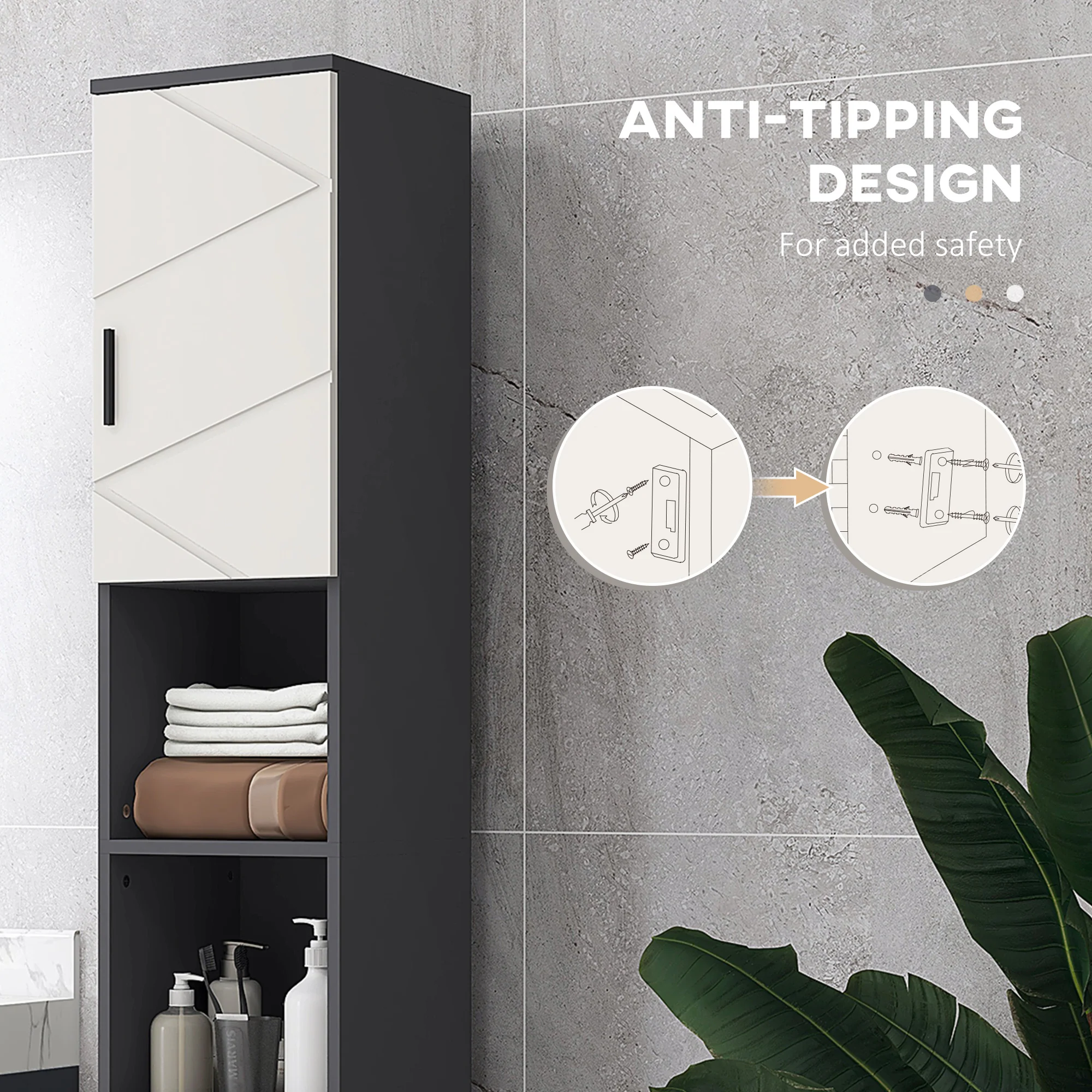 183cm Tall Slim Bathroom Cabinet, Freestanding Storage Cabinet with 2 Open Shelves, Grey - Image 8