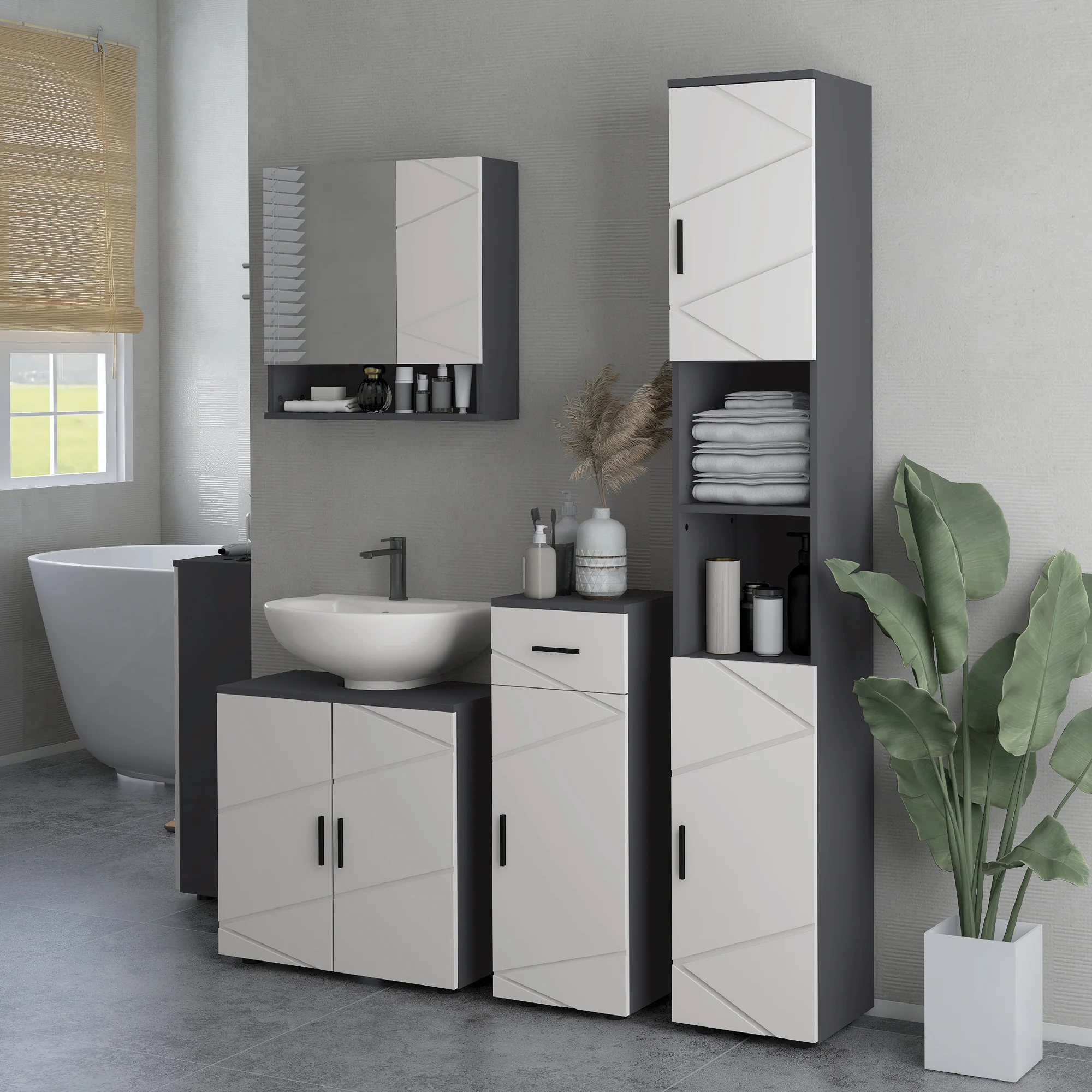 183cm Tall Slim Bathroom Cabinet, Freestanding Storage Cabinet with 2 Open Shelves, Grey - Image 9