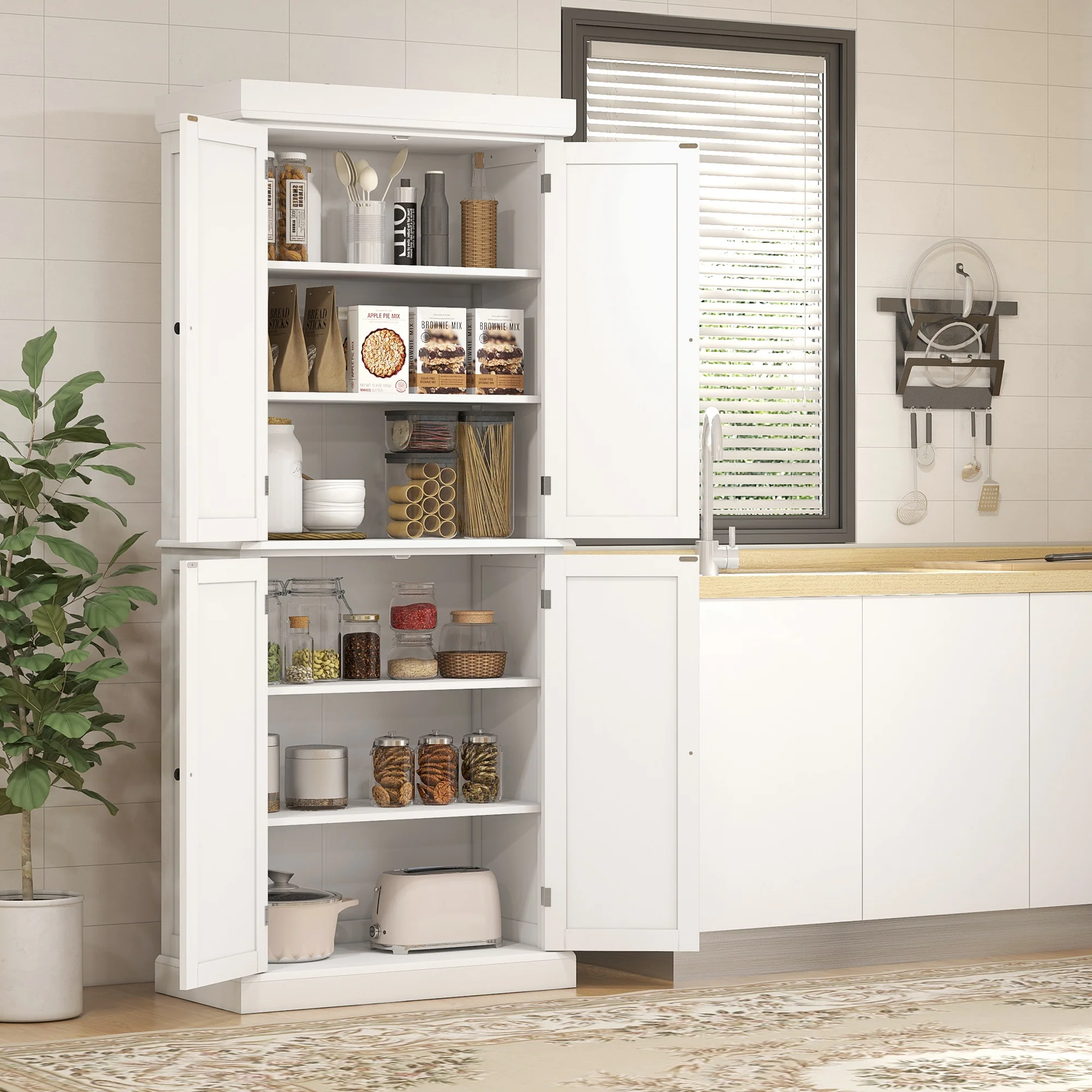 184cm Freestanding Kitchen Cupboard with 4 Doors, Modern Storage Cabinet Organizer with 6-Tier Shelving and 4 Adjustable Shelves, White - Image 4