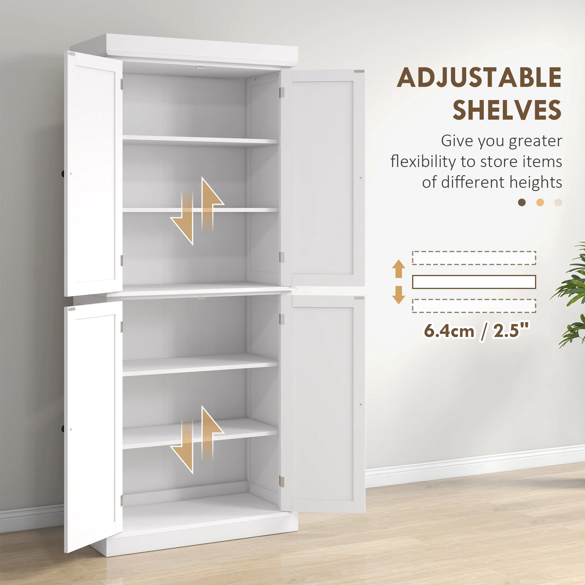 184cm Freestanding Kitchen Cupboard with 4 Doors, Modern Storage Cabinet Organizer with 6-Tier Shelving and 4 Adjustable Shelves, White - Image 7