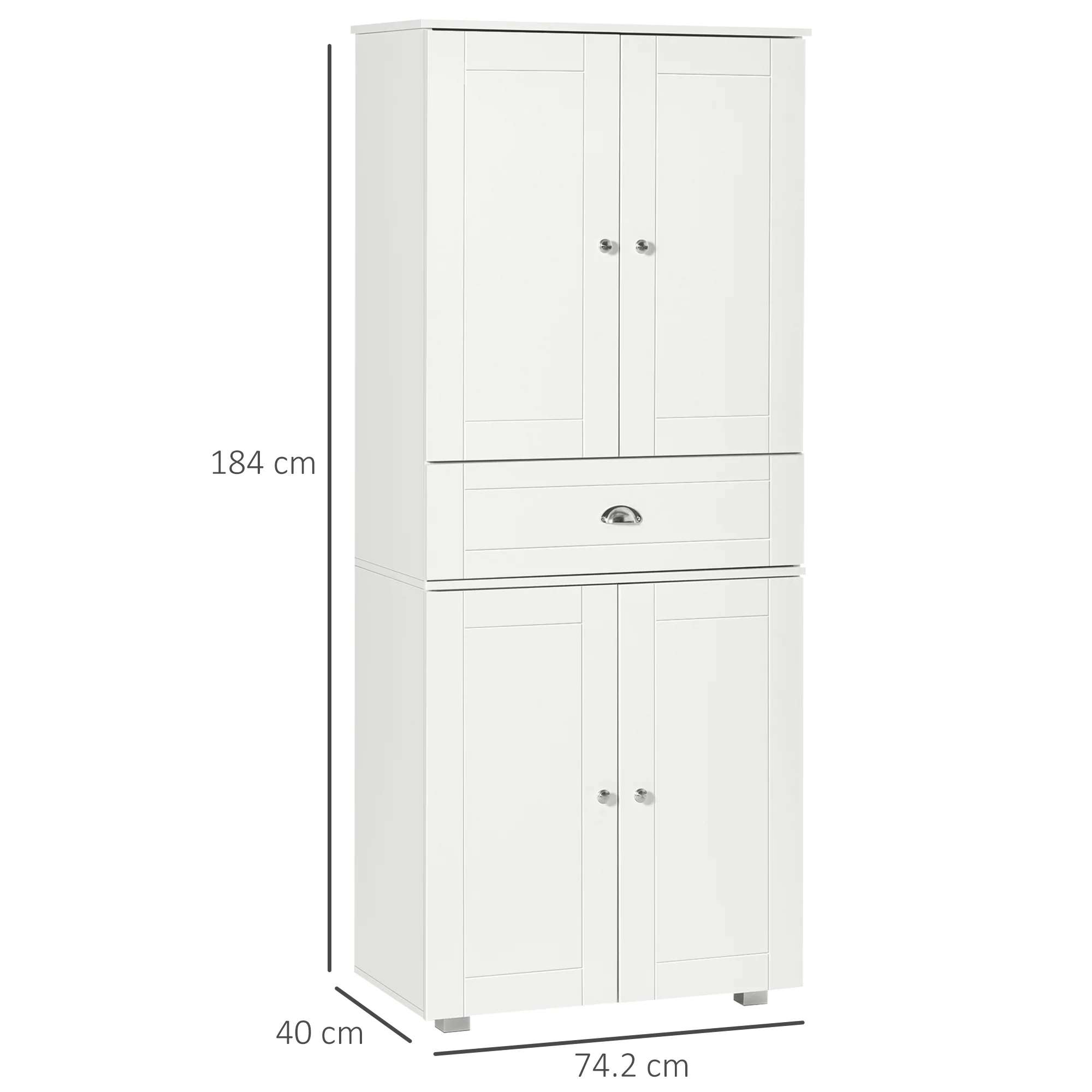 184cm Tall Kitchen Cupboard, Freestanding Kitchen Pantry Storage Cabinet with 4 Doors, 3 Adjustable Shelves, Drawer, Anti-tipping Device, Sideboard Organiser for Dining Room, Living Room, White - Image 5