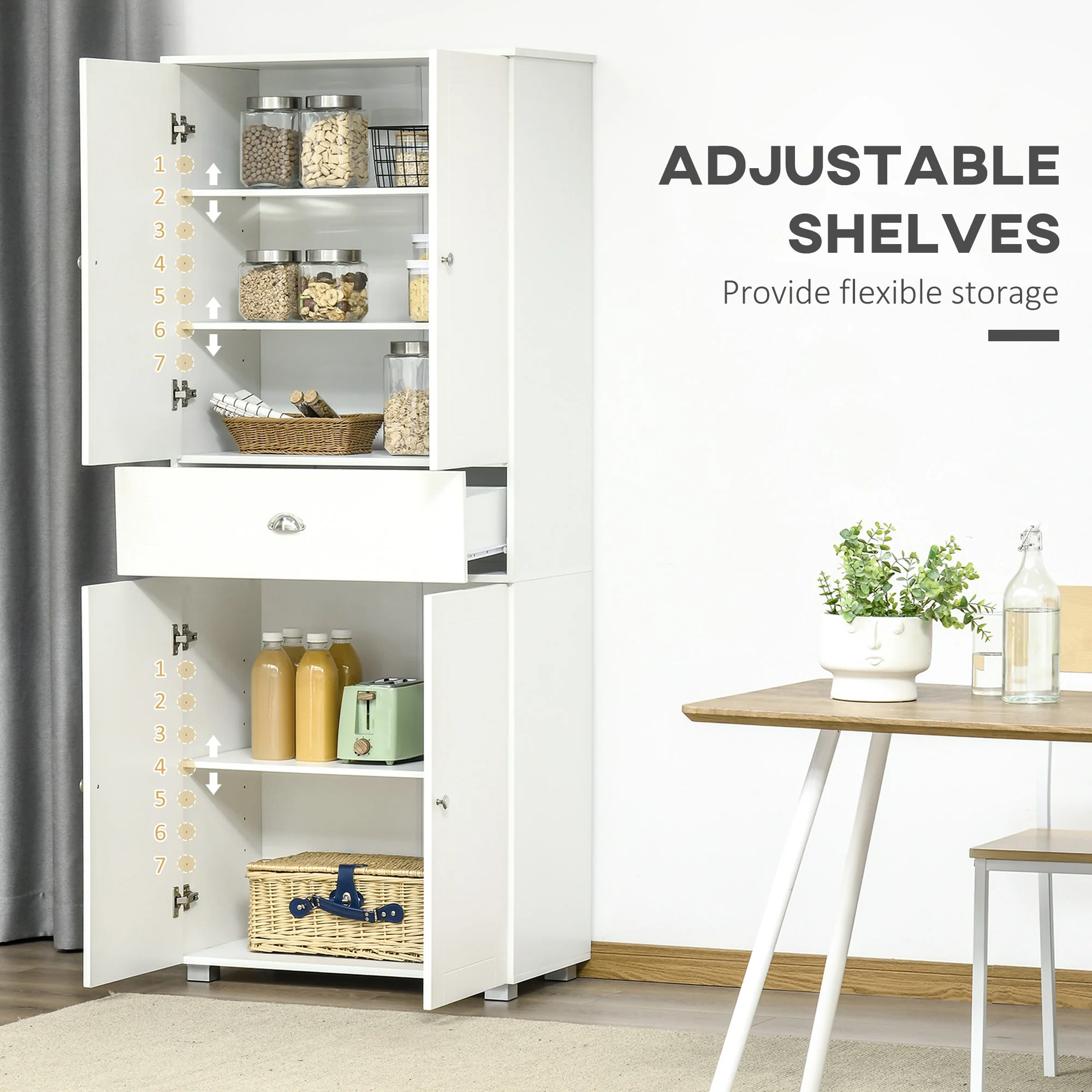 184cm Tall Kitchen Cupboard, Freestanding Kitchen Pantry Storage Cabinet with 4 Doors, 3 Adjustable Shelves, Drawer, Anti-tipping Device, Sideboard Organiser for Dining Room, Living Room, White - Image 7