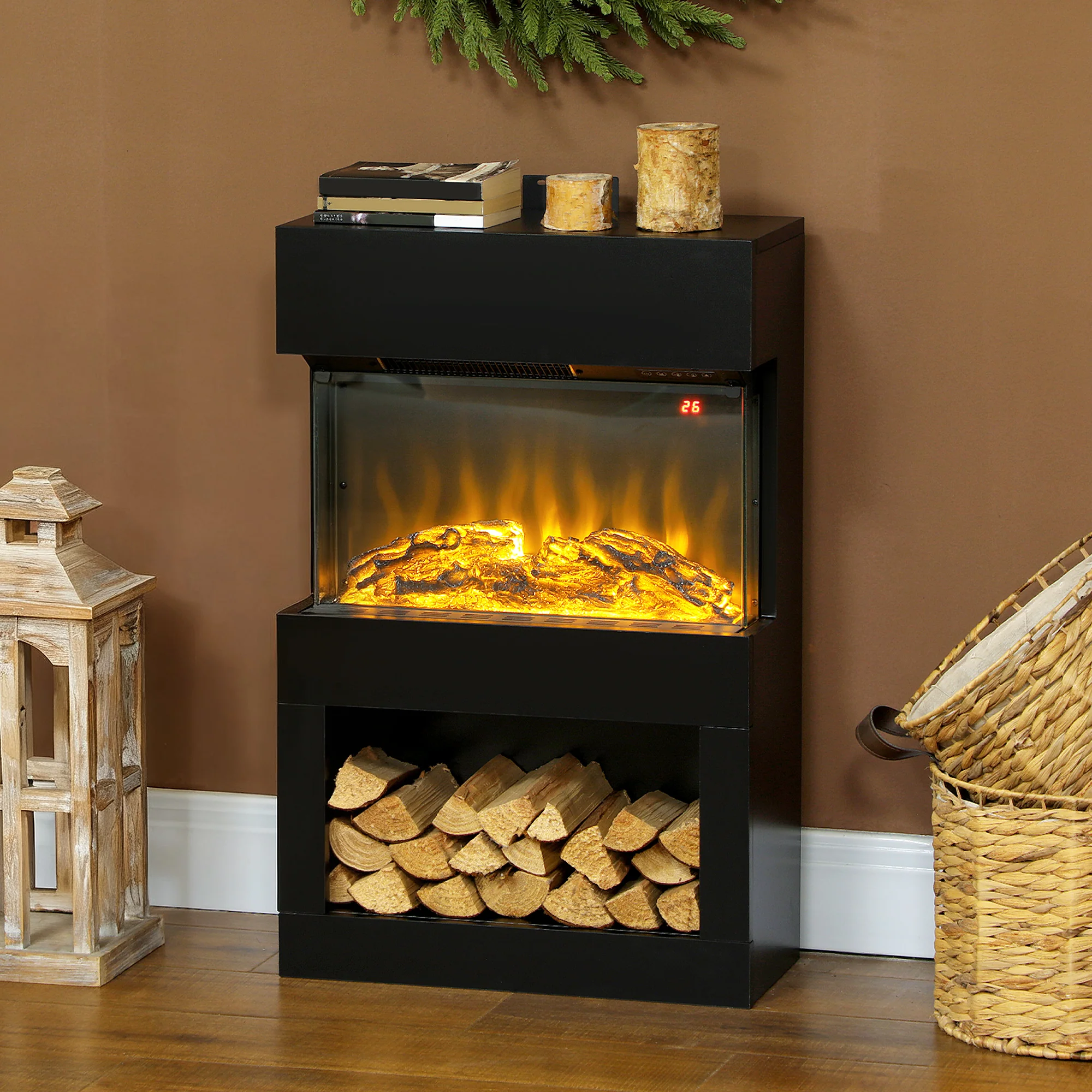19" 1000W/2000W Black Electric Fire and Mantel Reach up to 30m2 Space with Remote & Timer - Image 4