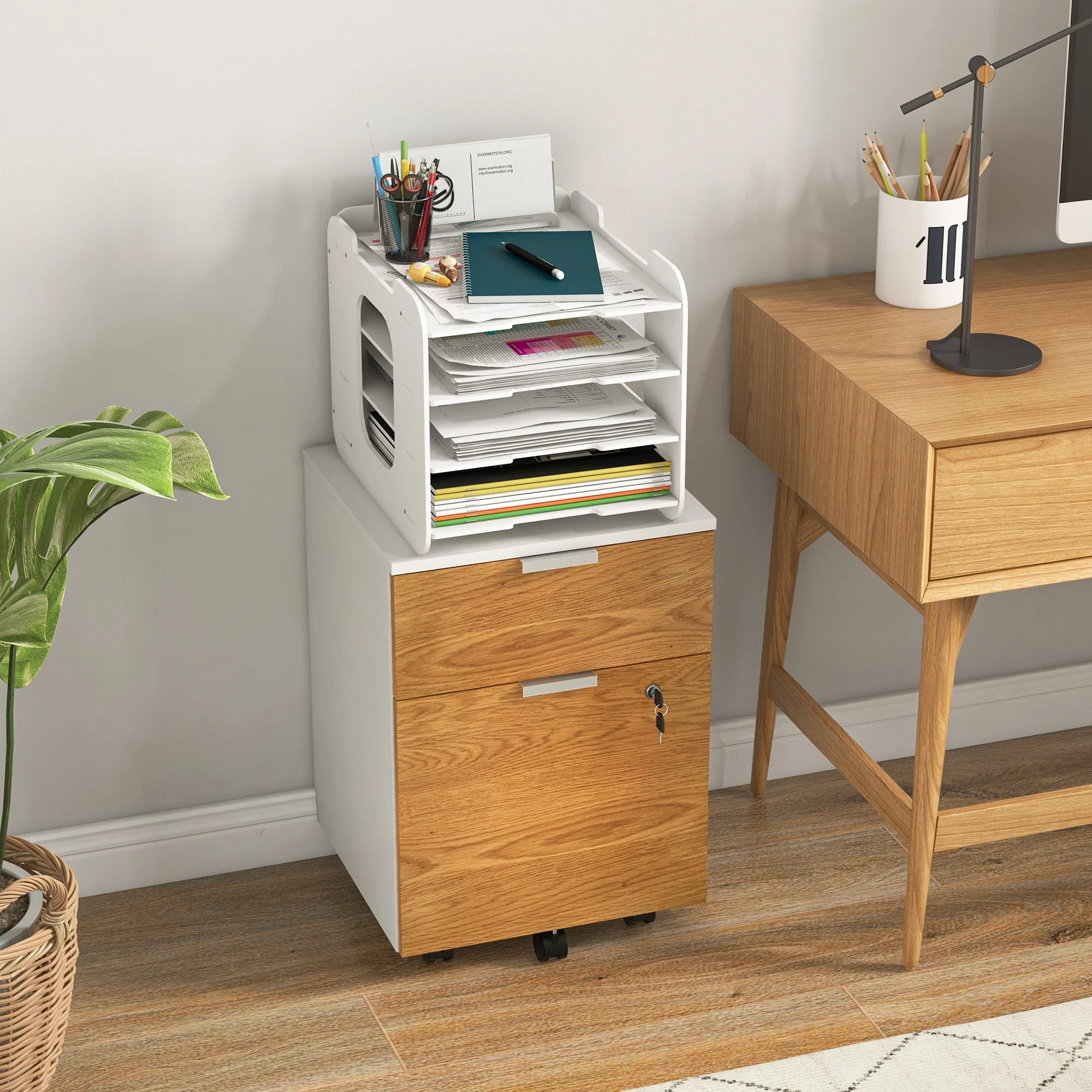 2-Drawer Mobile File Cabinet with Lock, Under-Desk Office Cabinet, Natural Wood Effect - Image 4