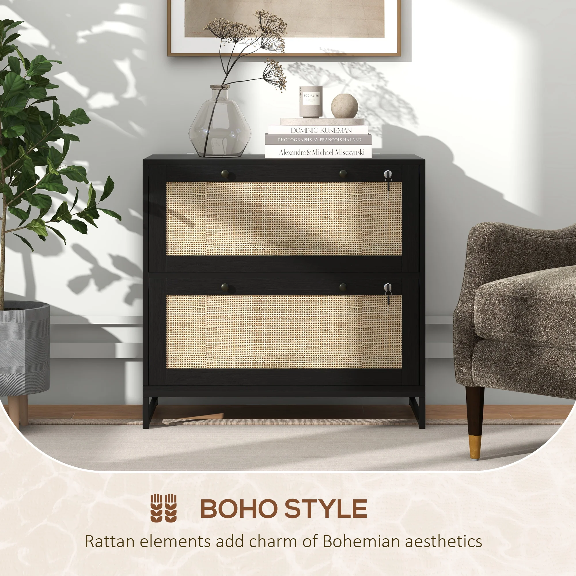 2-Drawer Rattan Filing Cabinet with Lock & Adjustable Hanging Bar for Letters, Black - Image 9