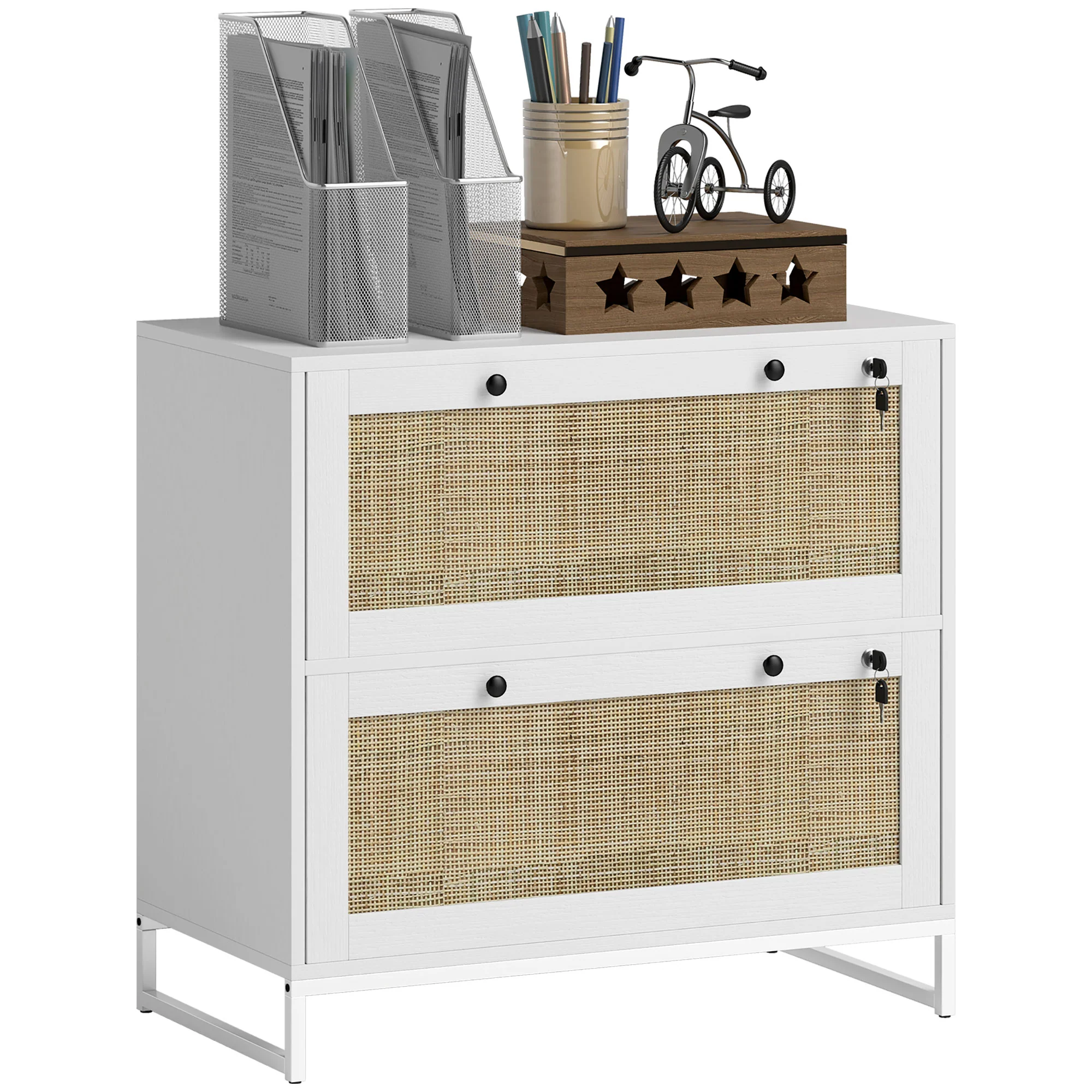 2-Drawer Rattan Filing Cabinet with Lock & Adjustable Hanging Bar for Letters, White