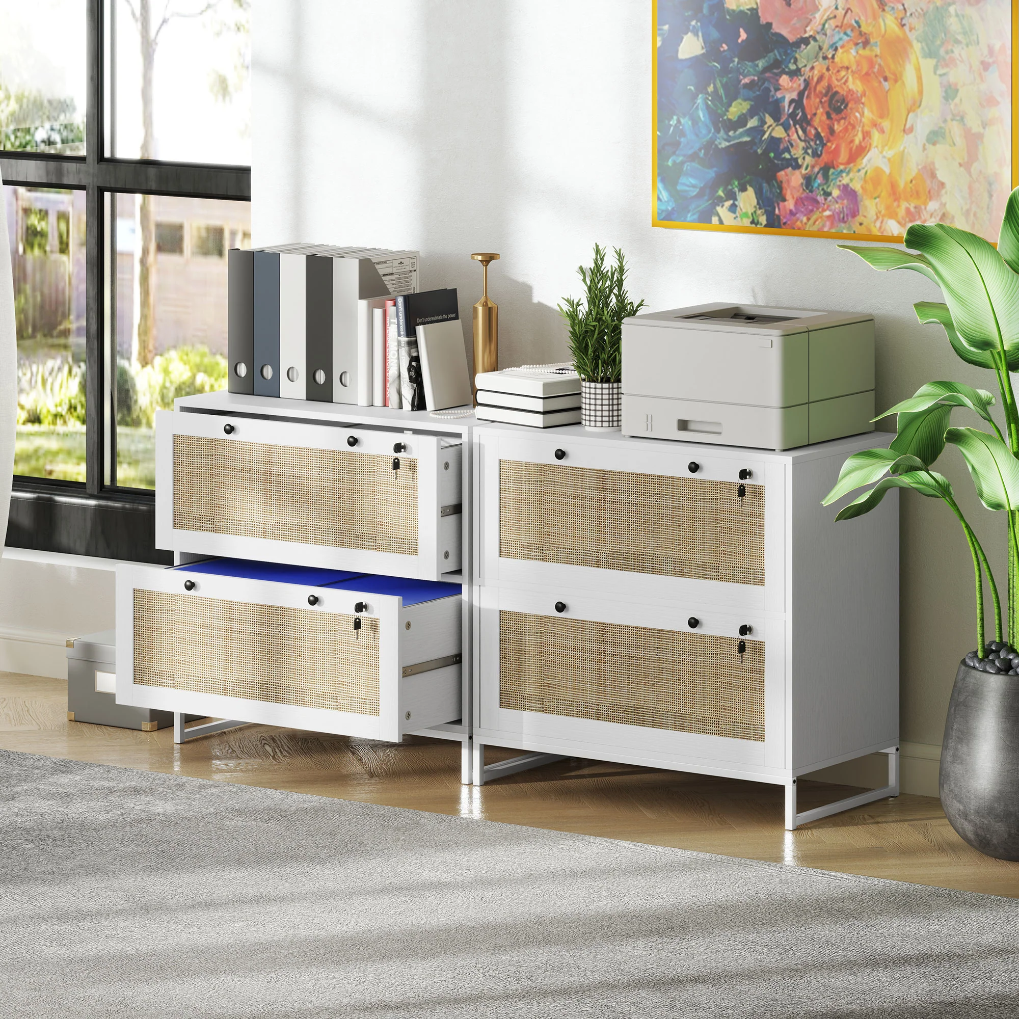 2-Drawer Rattan Filing Cabinet with Lock & Adjustable Hanging Bar for Letters, White - Image 10