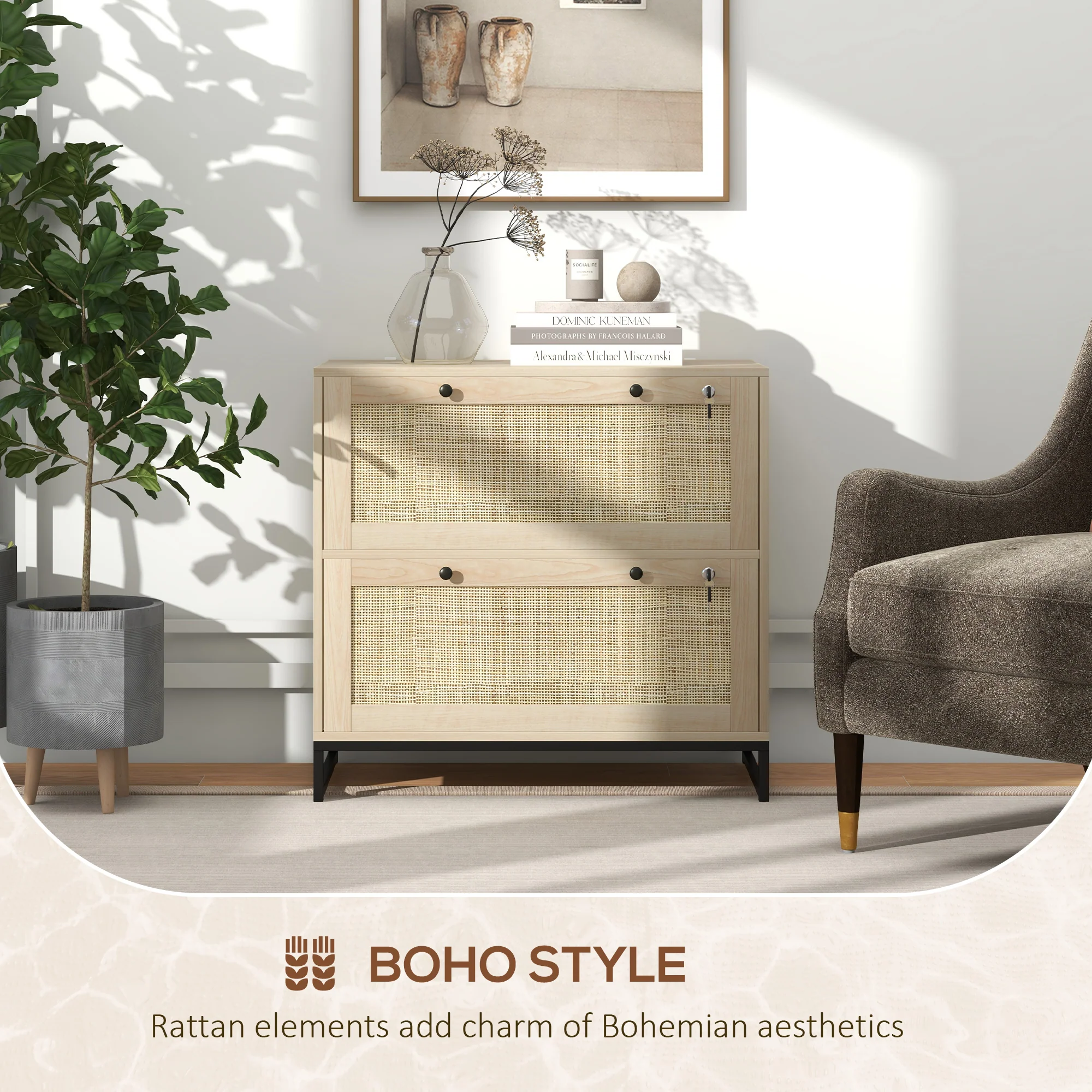 2-Drawer Rattan Filing Cabinet with Lock & Adjustable Hanging Bar for Letters, Natural - Image 9