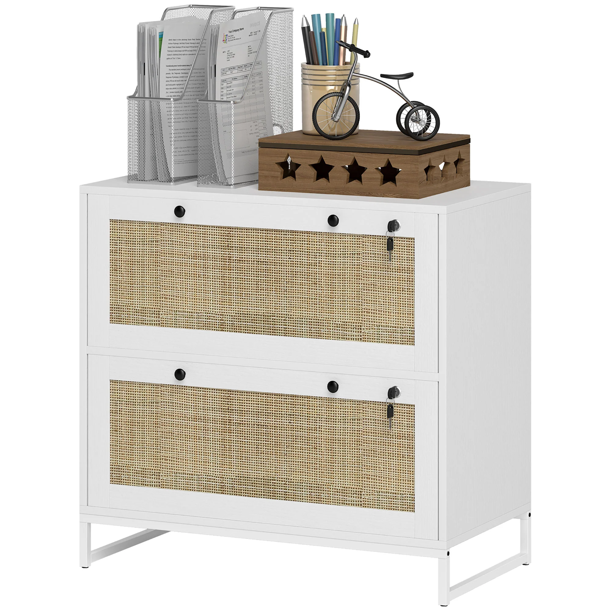 2-Drawer Rattan Filing Cabinet with Lock & Adjustable Hanging Bar for Letters, White - Image 2