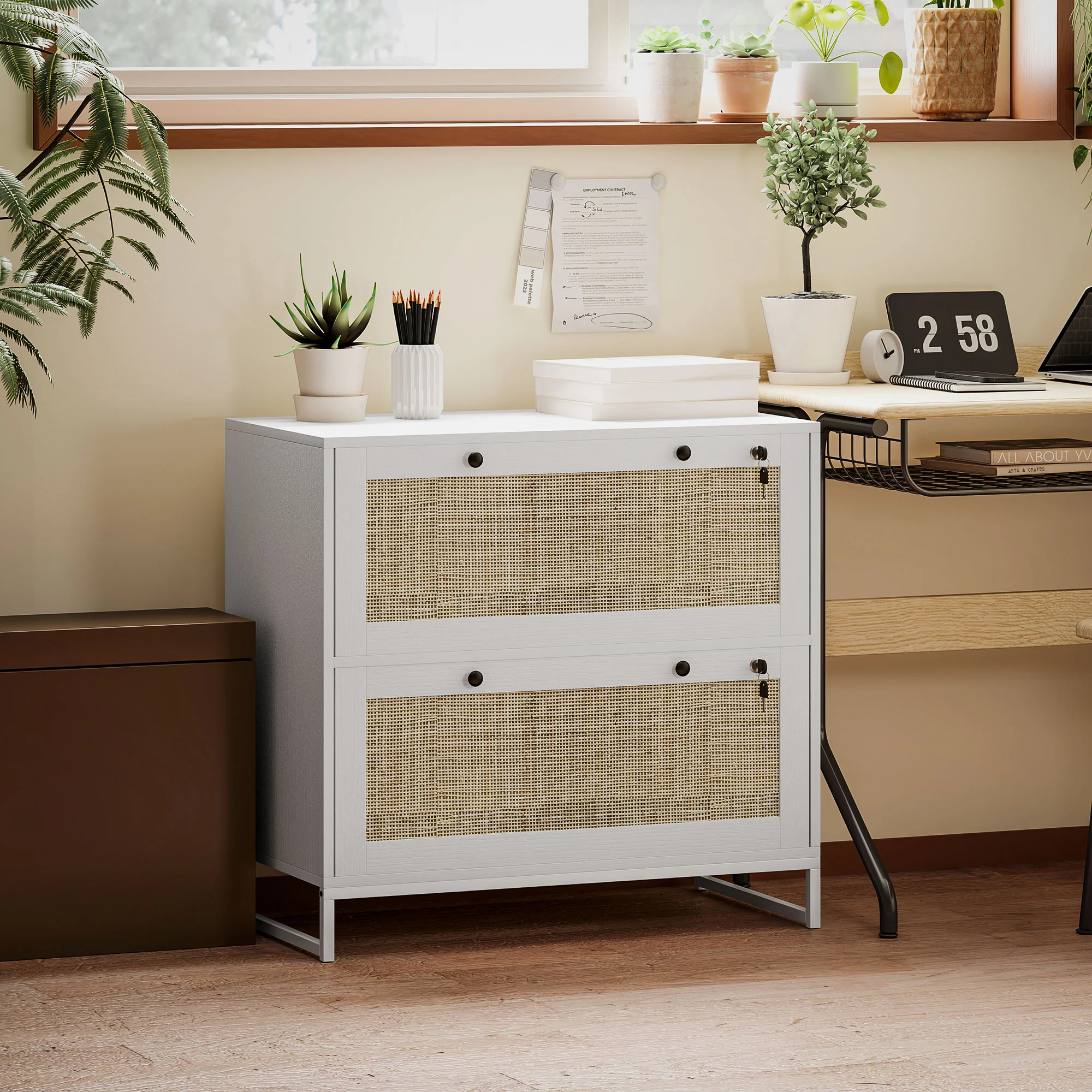 2-Drawer Rattan Filing Cabinet with Lock & Adjustable Hanging Bar for Letters, White - Image 3