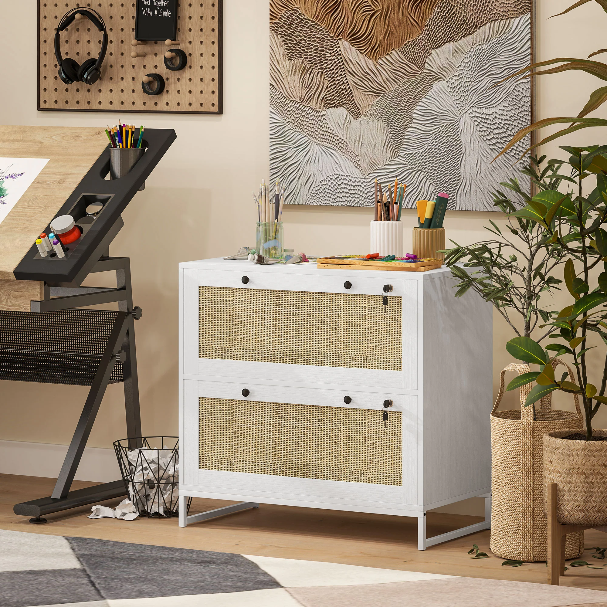 2-Drawer Rattan Filing Cabinet with Lock & Adjustable Hanging Bar for Letters, White - Image 4