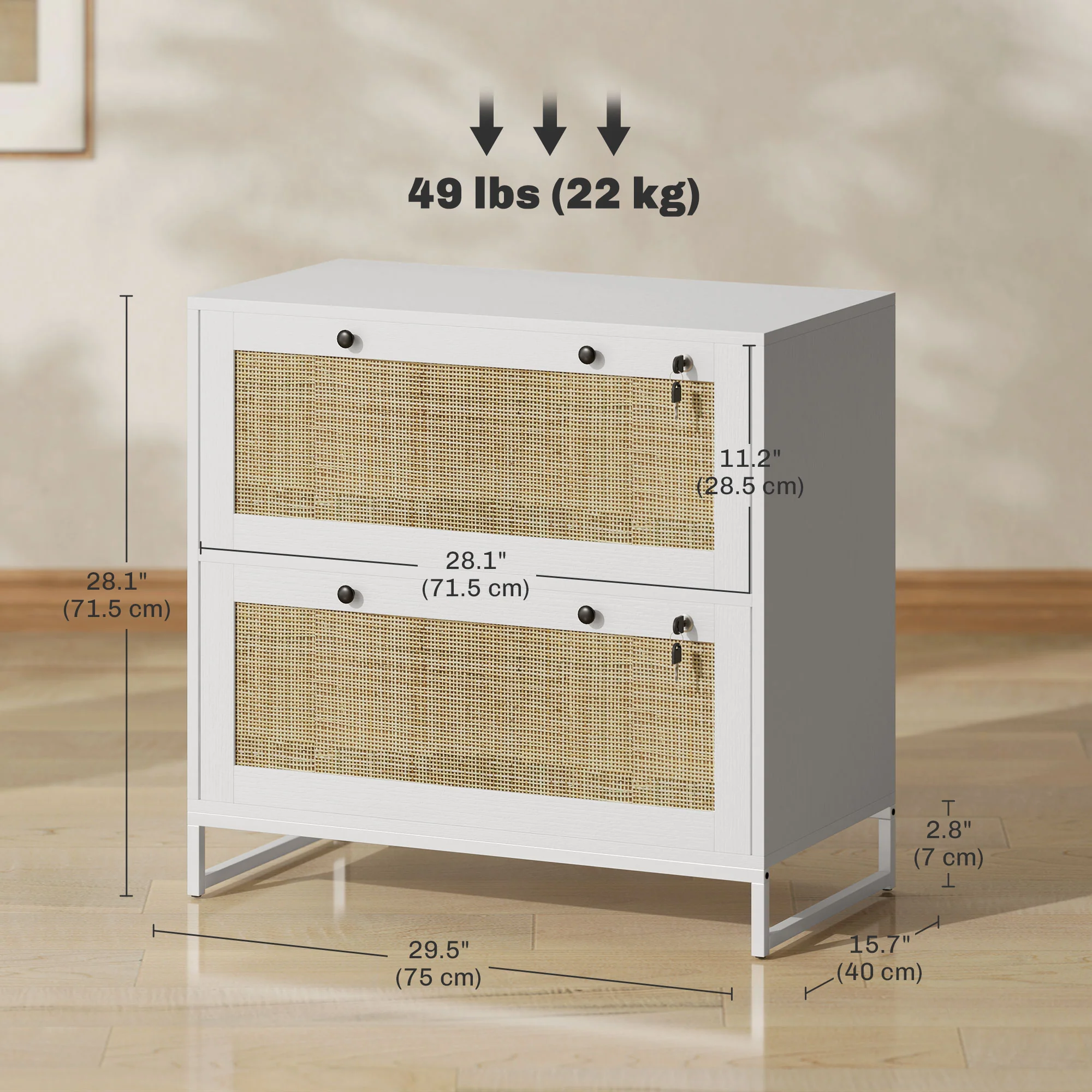 2-Drawer Rattan Filing Cabinet with Lock & Adjustable Hanging Bar for Letters, White - Image 5