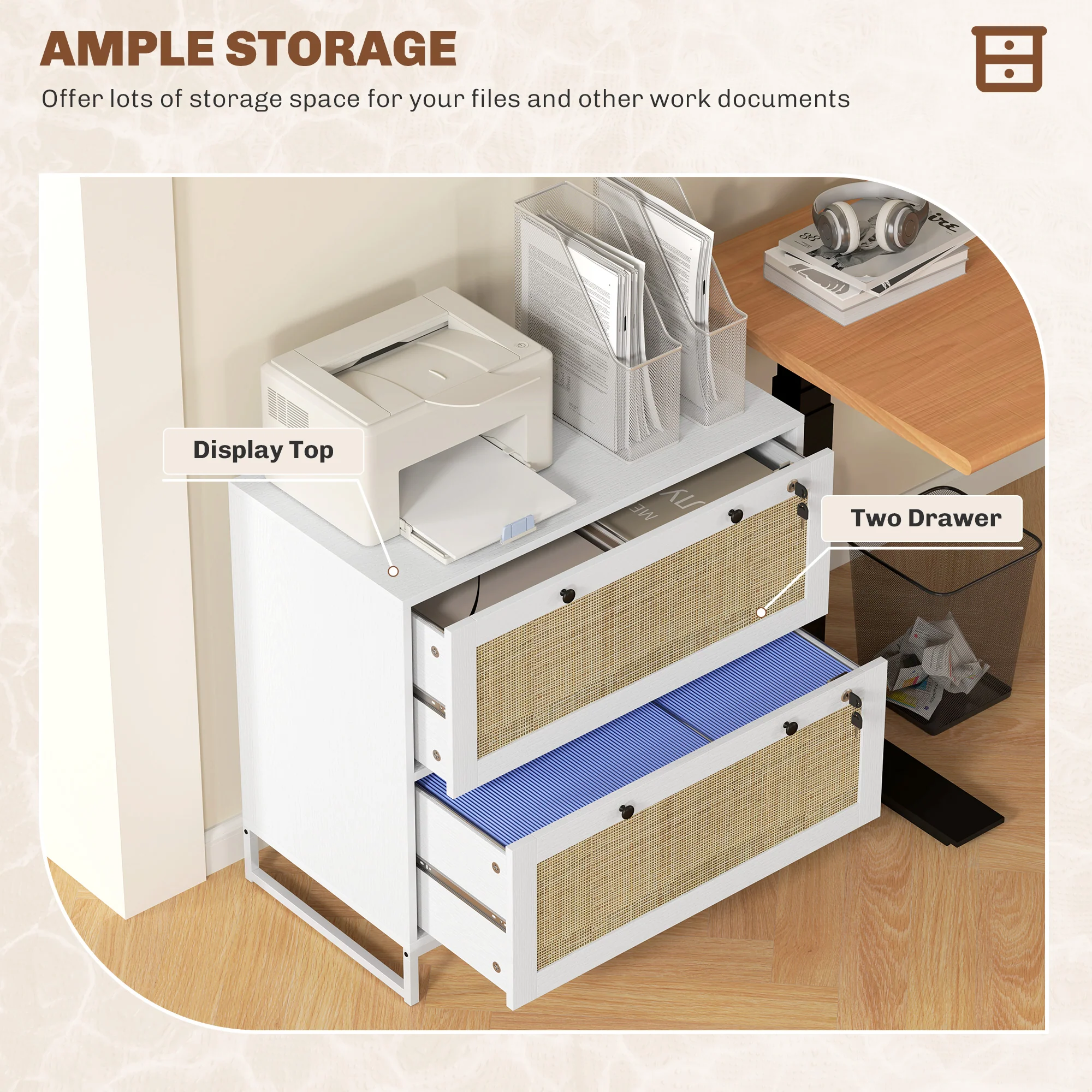 2-Drawer Rattan Filing Cabinet with Lock & Adjustable Hanging Bar for Letters, White - Image 6