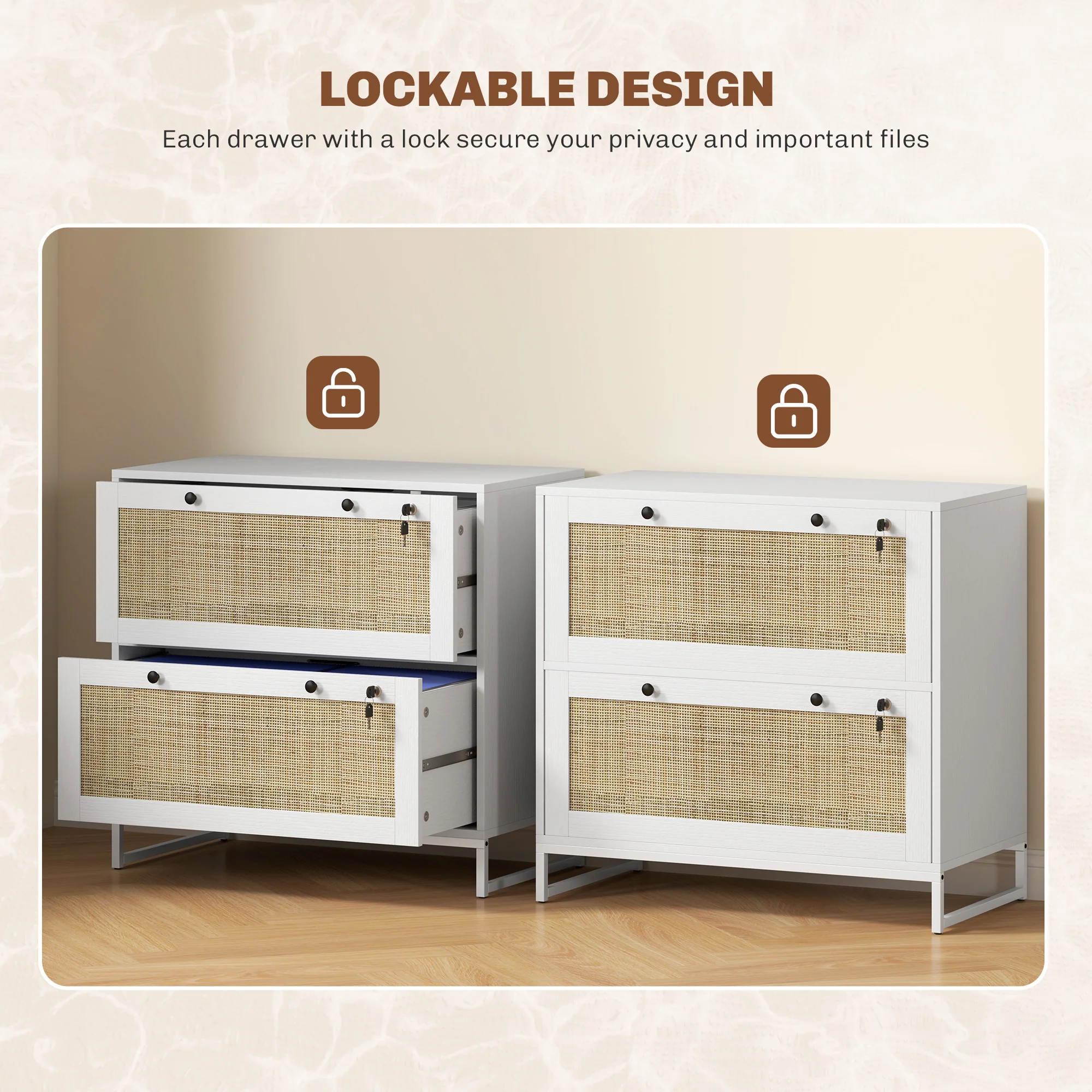 2-Drawer Rattan Filing Cabinet with Lock & Adjustable Hanging Bar for Letters, White - Image 8