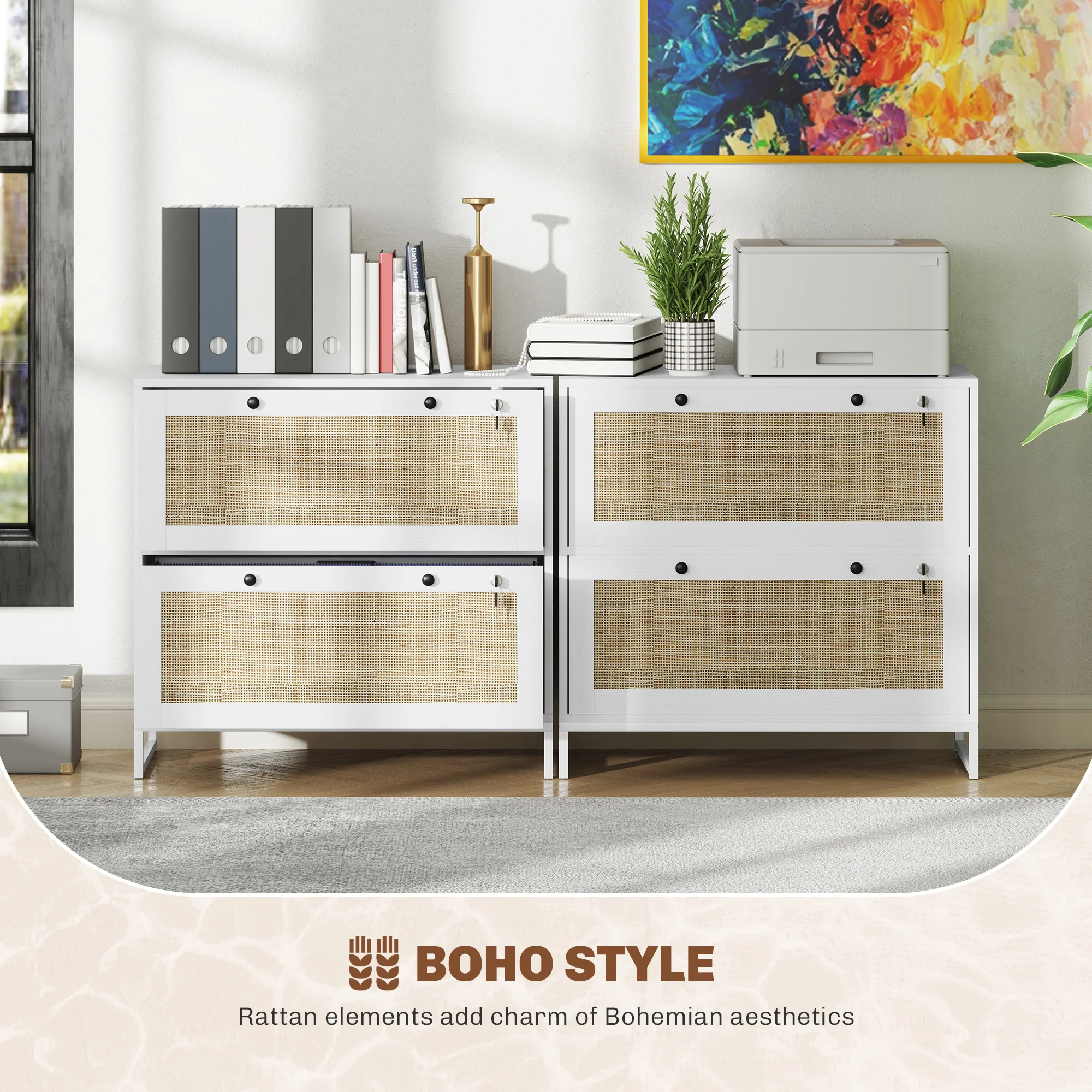 2-Drawer Rattan Filing Cabinet with Lock & Adjustable Hanging Bar for Letters, White - Image 9