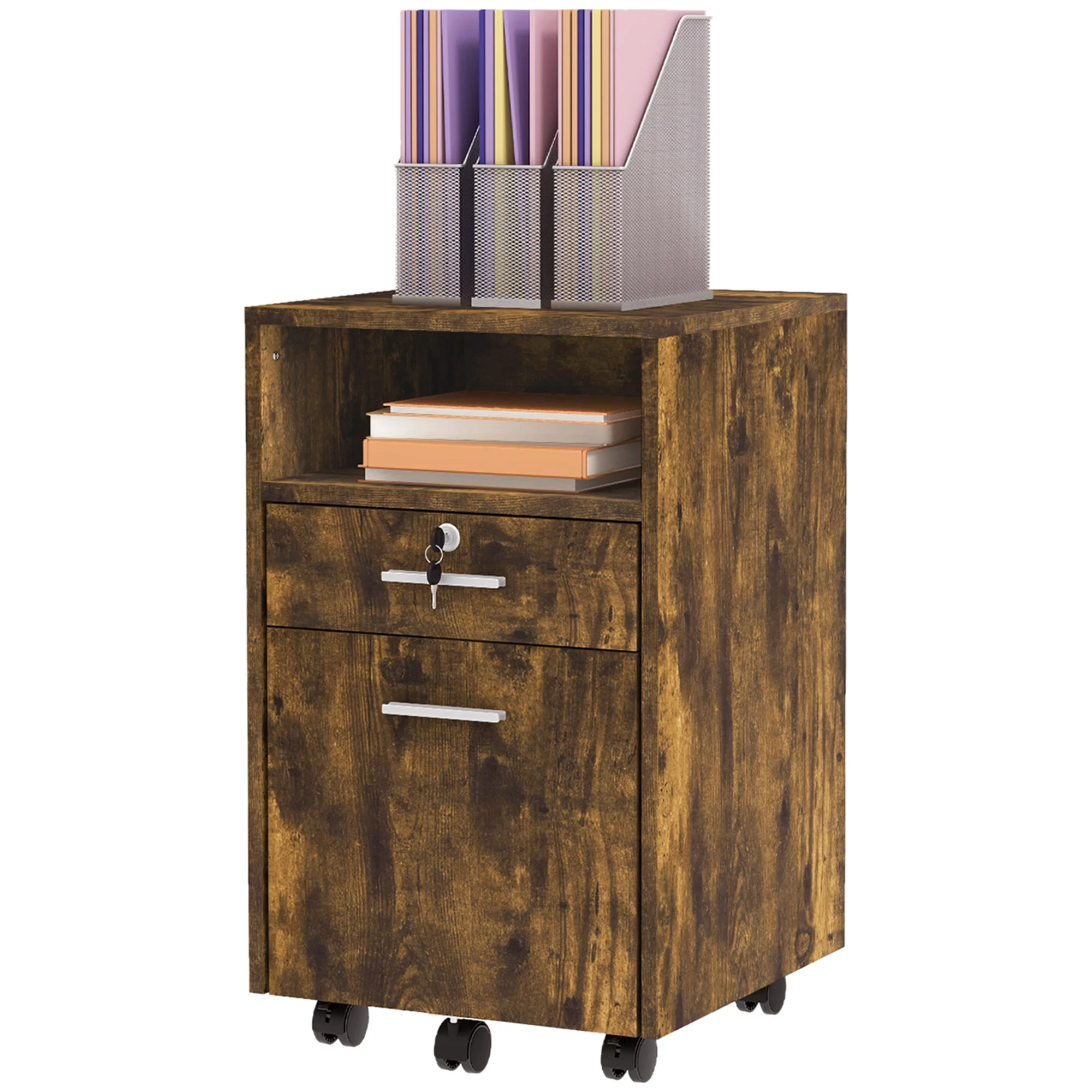 2 Drawer Filing Cabinet with Wheels, Mobile Vertical Office Cabinet with Lock, Rustic Brown - Image 2