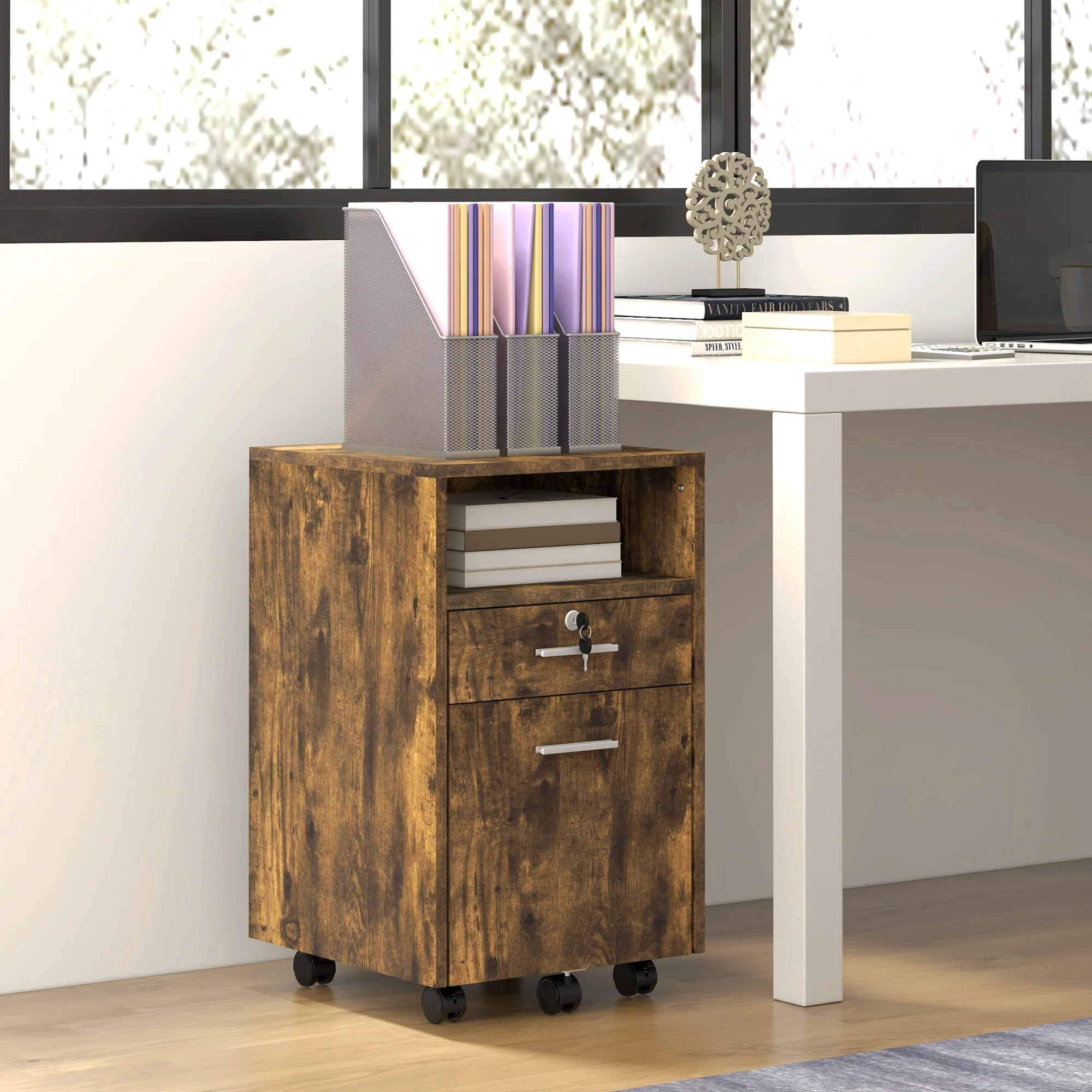 2 Drawer Filing Cabinet with Wheels, Mobile Vertical Office Cabinet with Lock, Rustic Brown - Image 4