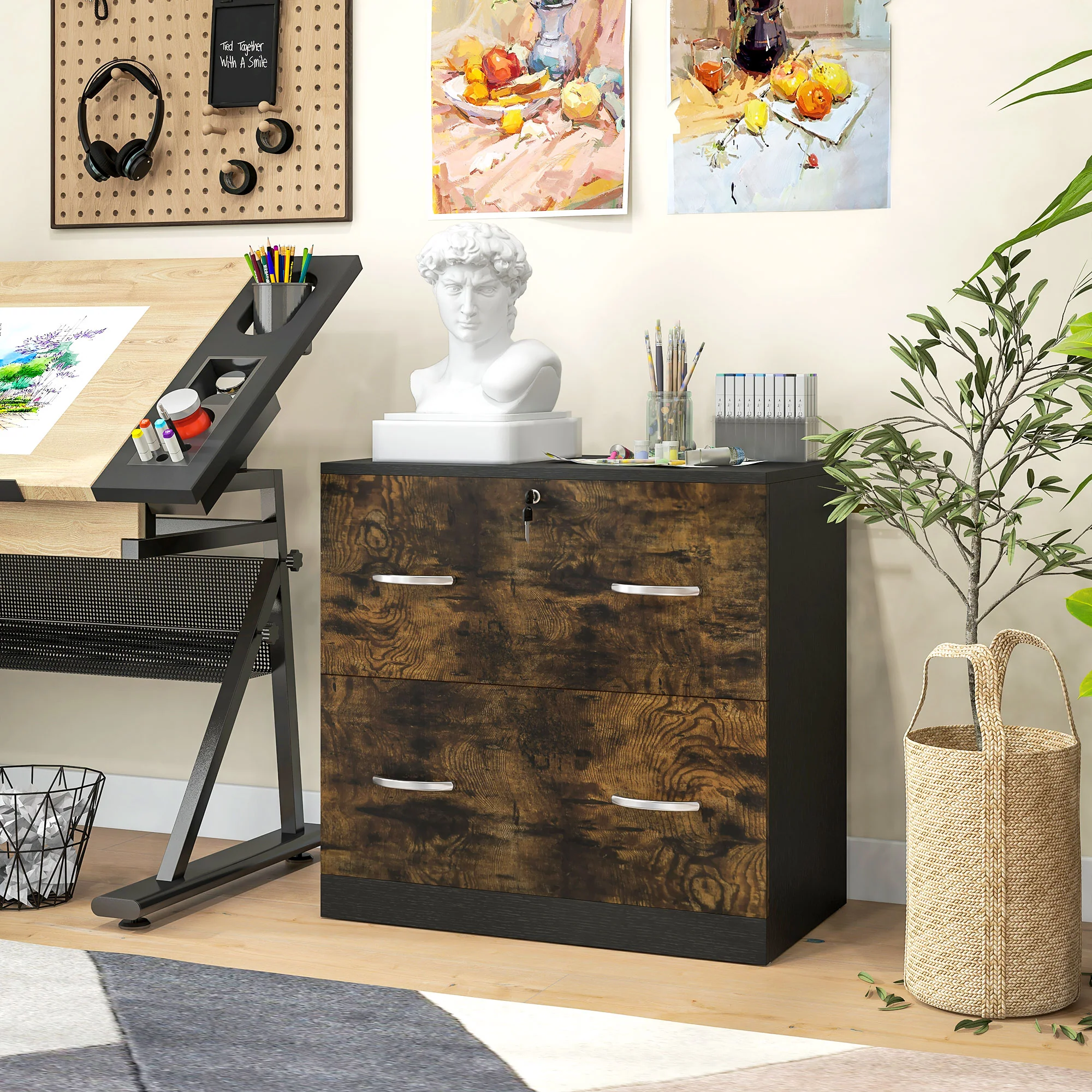 2-Drawer Lateral Filing Cabinet with Lock & Hanging Bar for Letter Size, Rustic Brown - Image 4