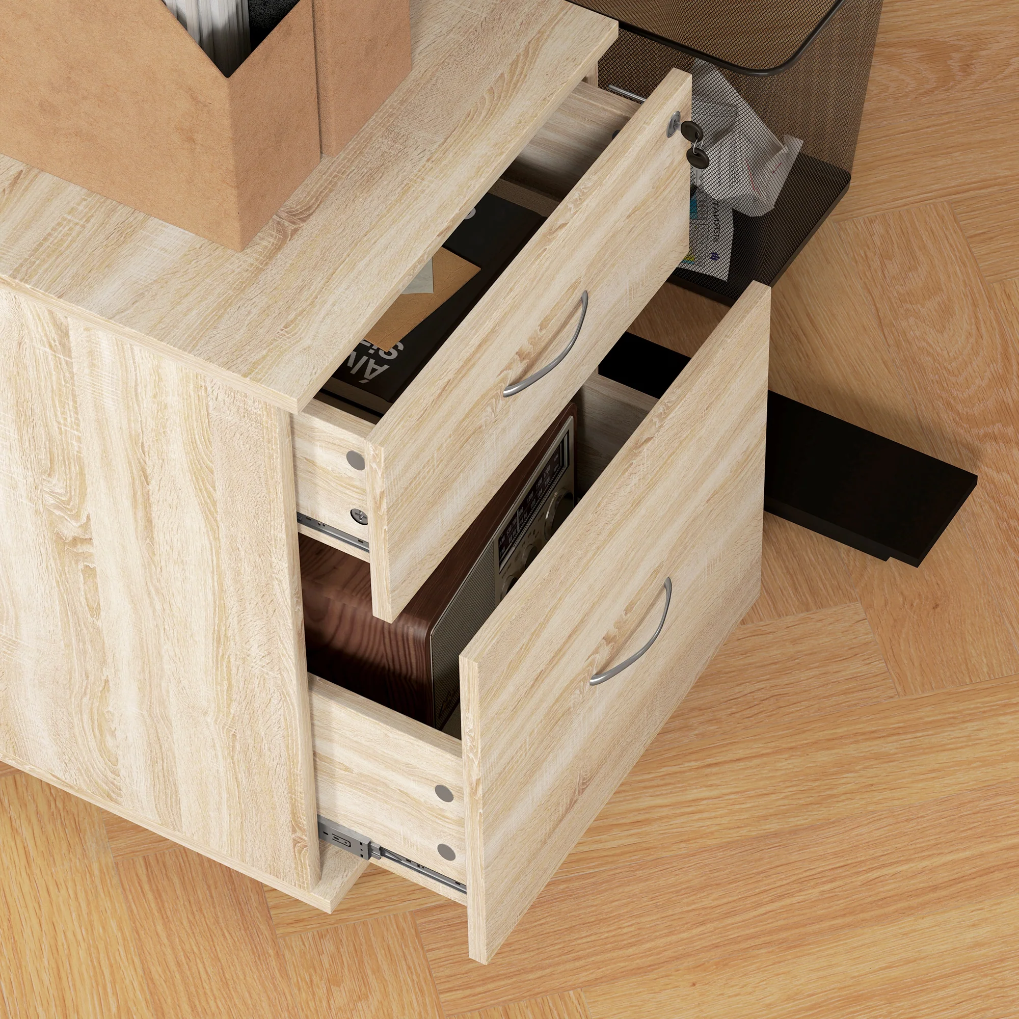 Compact Wood-Effect Rolling Filing Cabinet with Lockable Drawers - Image 10