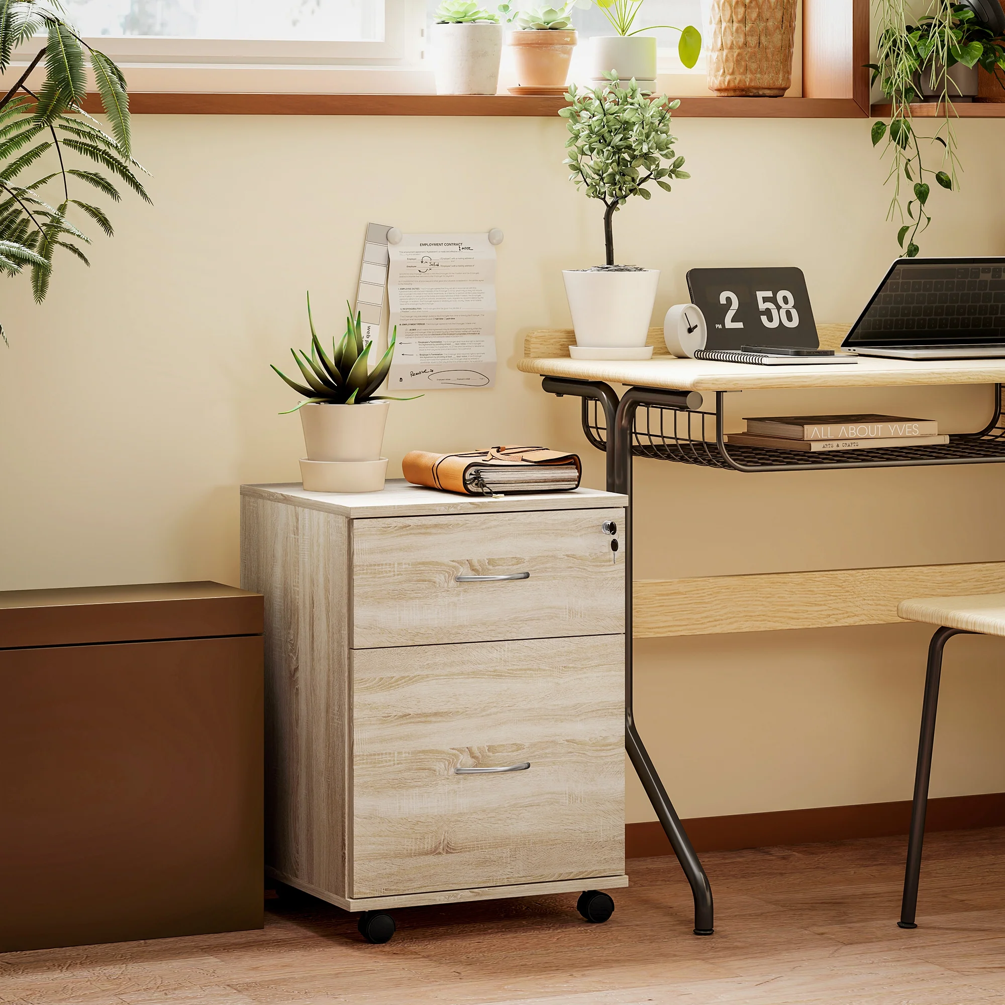 Compact Wood-Effect Rolling Filing Cabinet with Lockable Drawers - Image 3