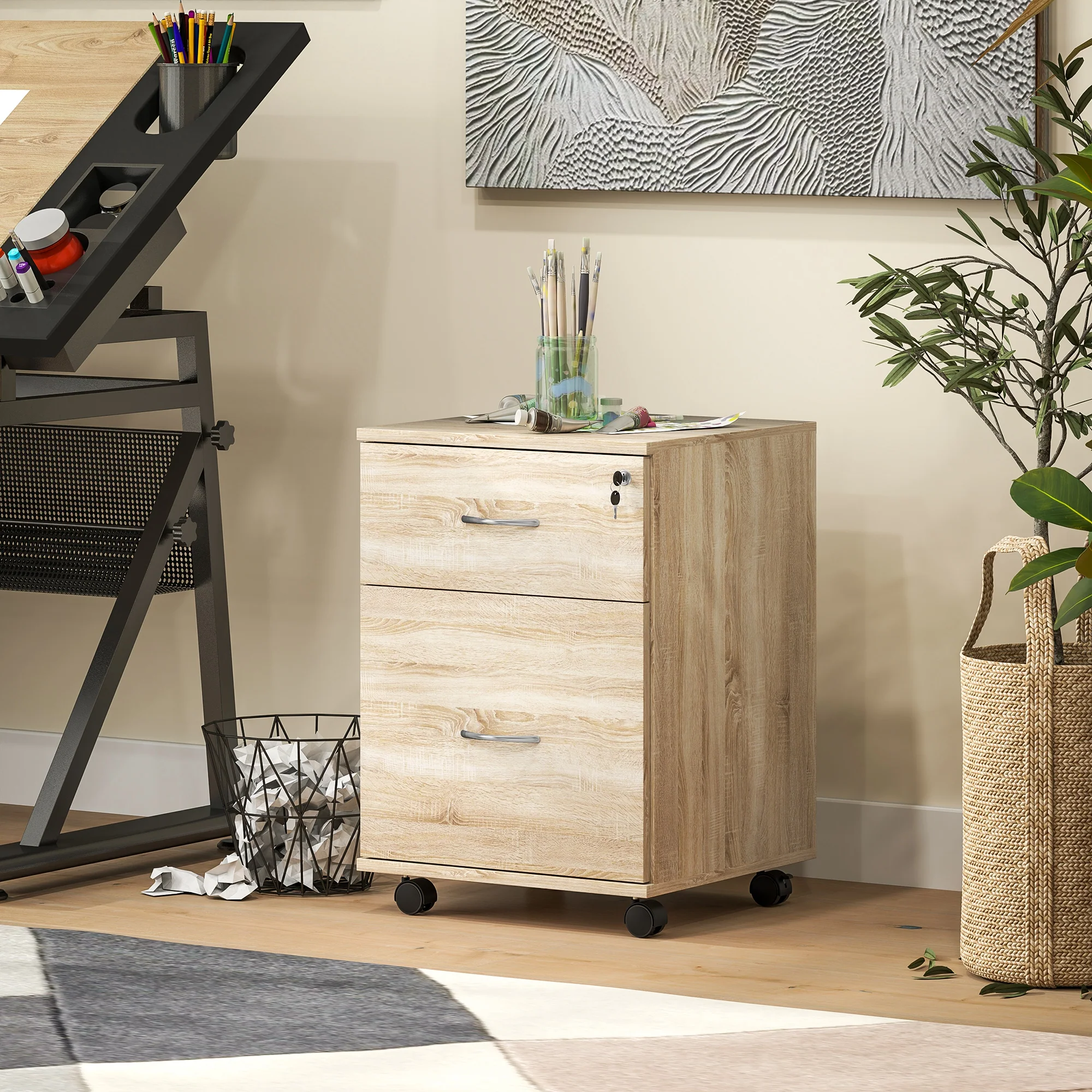 Compact Wood-Effect Rolling Filing Cabinet with Lockable Drawers - Image 4