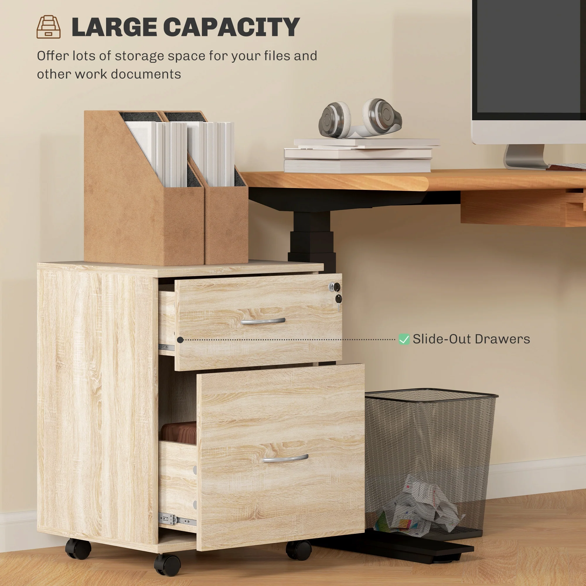 Compact Wood-Effect Rolling Filing Cabinet with Lockable Drawers - Image 6