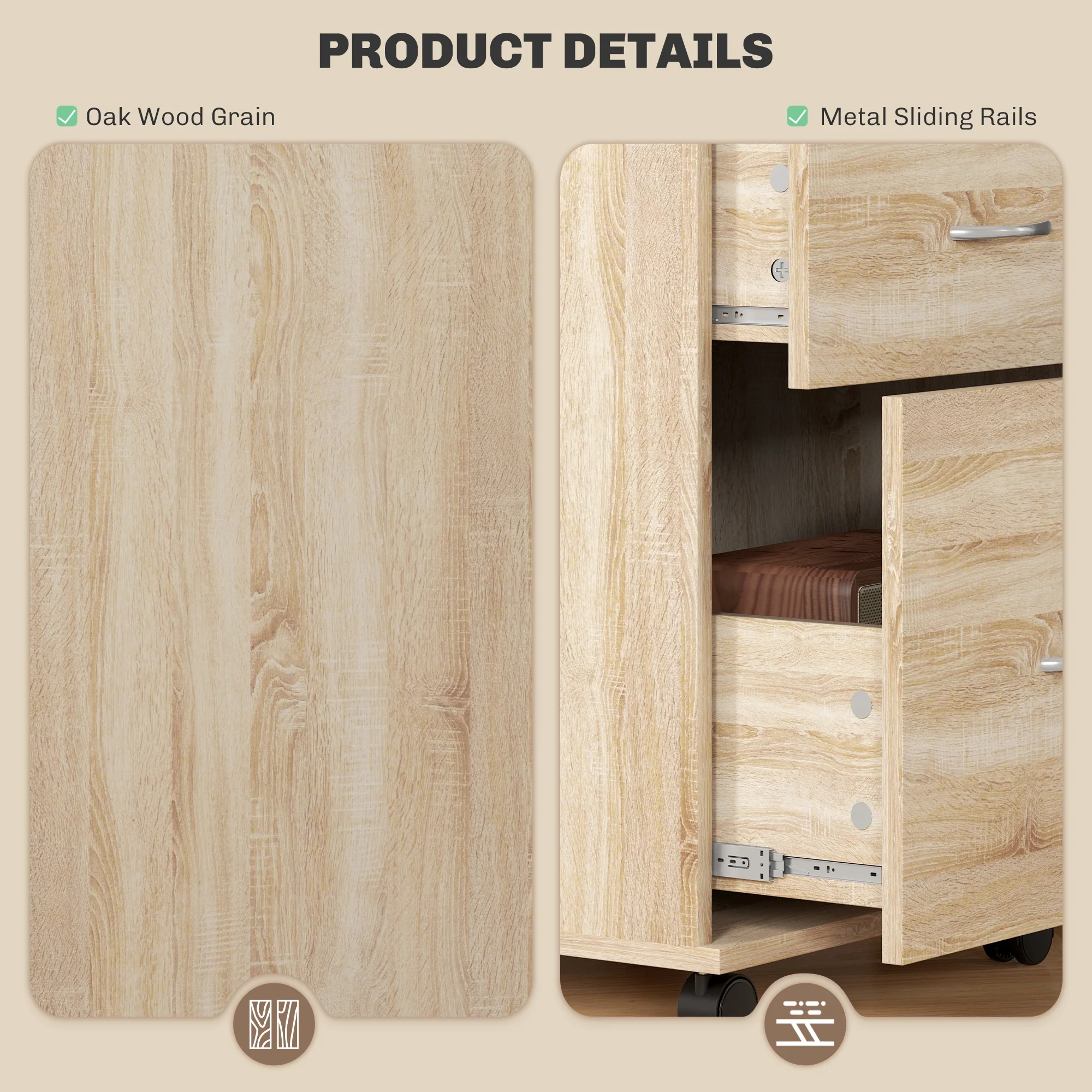 Compact Wood-Effect Rolling Filing Cabinet with Lockable Drawers - Image 8