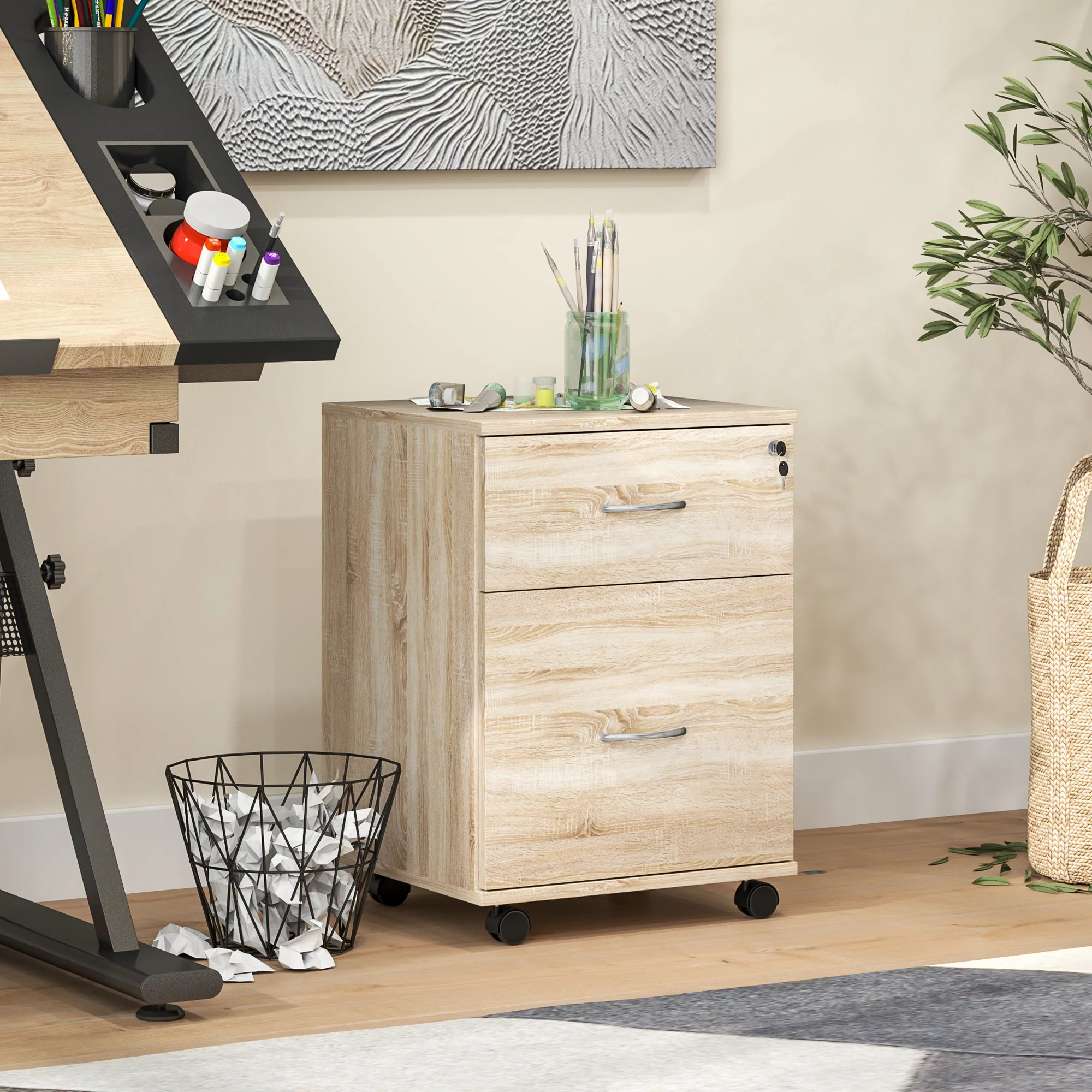 Compact Wood-Effect Rolling Filing Cabinet with Lockable Drawers - Image 9