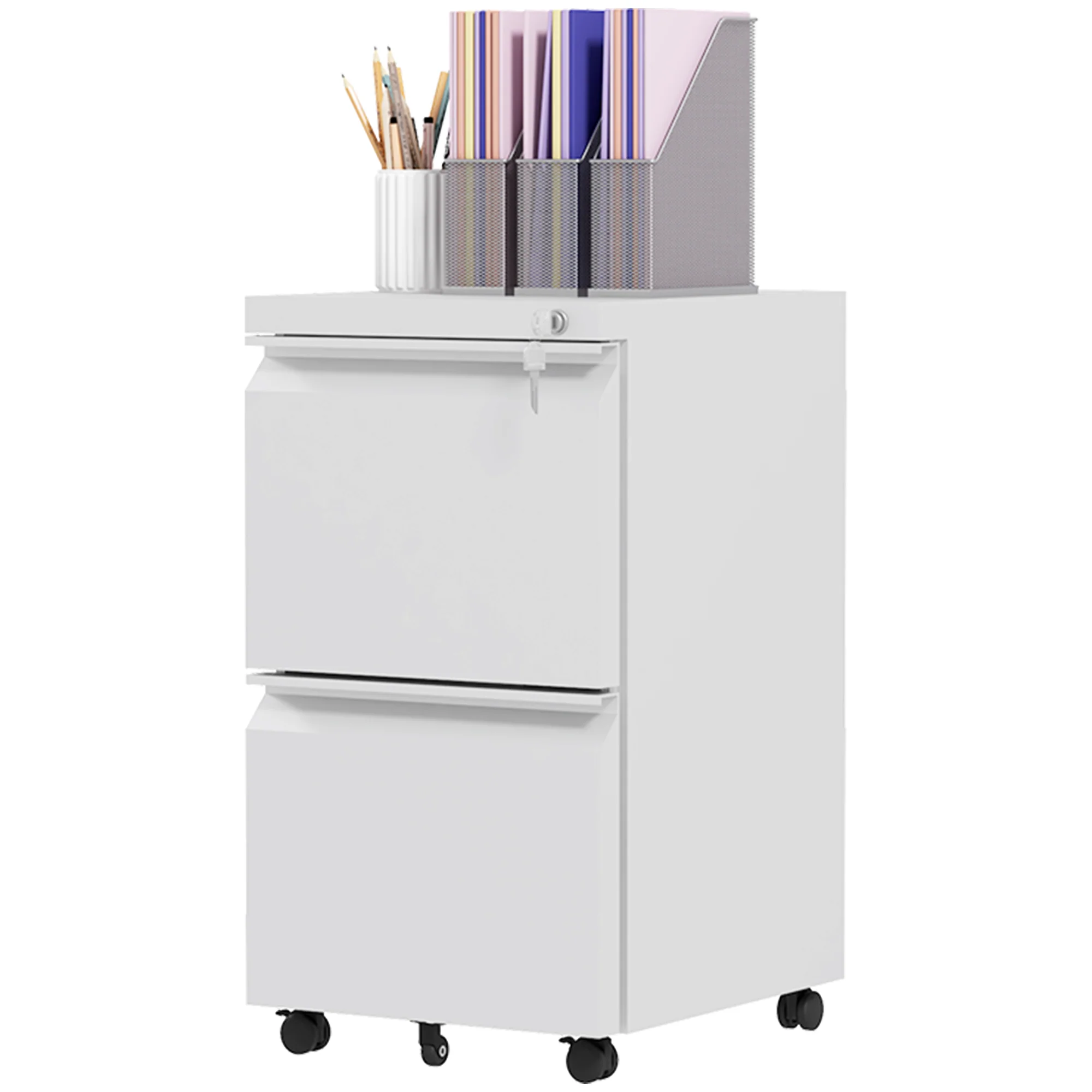 2-Drawer Mobile Filing Cabinet, Steel Lockable File Cabinet, Pre-Assembled Body, White - Image 2