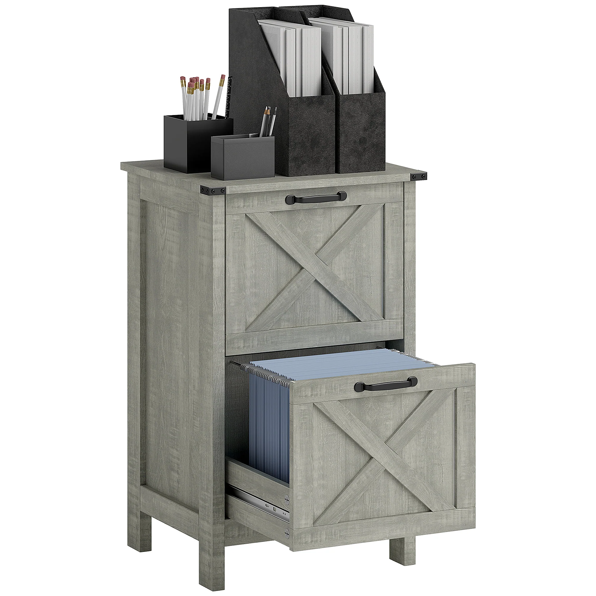 Rustic Farmhouse Gray Filing Cabinet with Quiet Slide Drawers