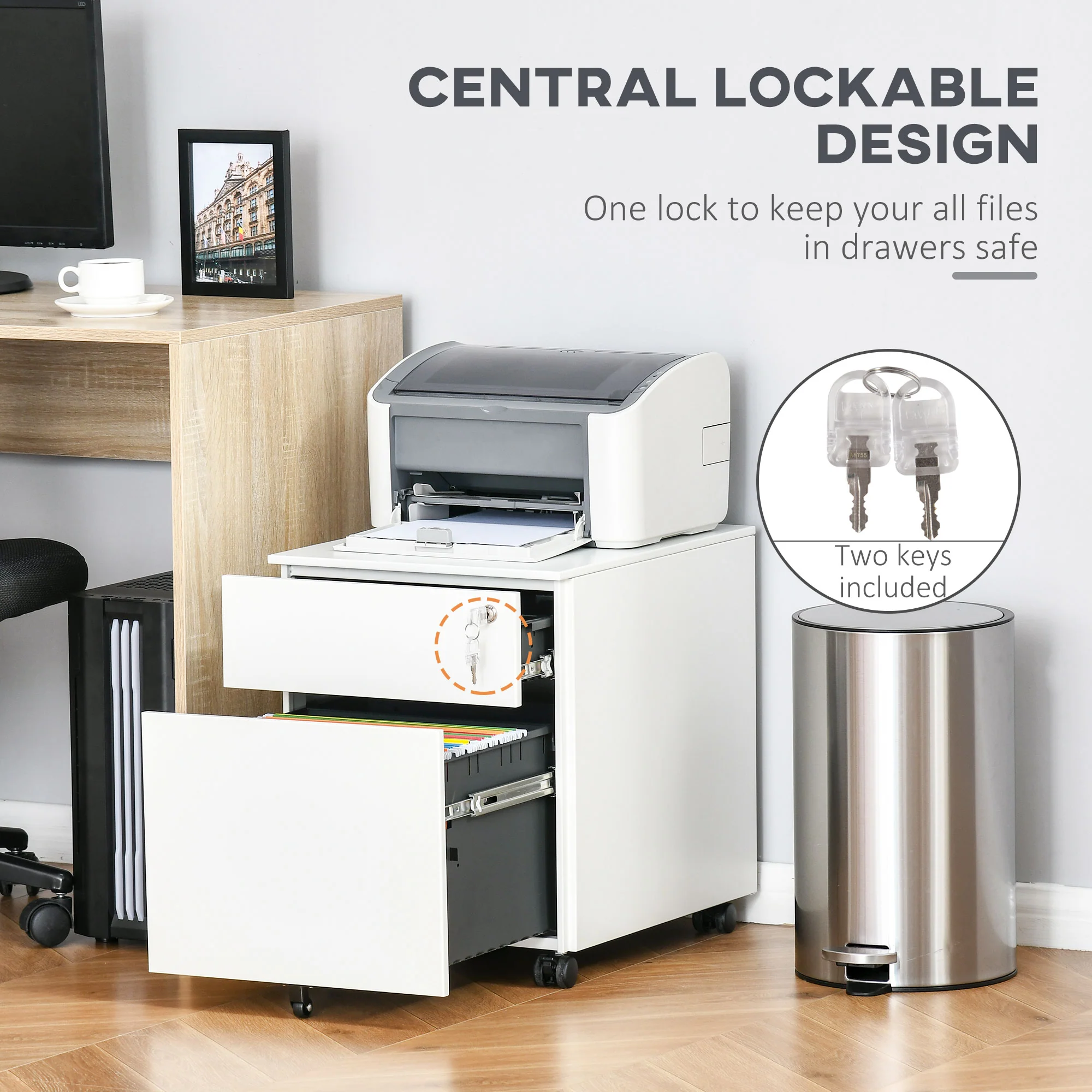 2 Drawer Steel Lockable Filing Cabinet with Wheels for A4 & Legal-sized Files, White - Image 6