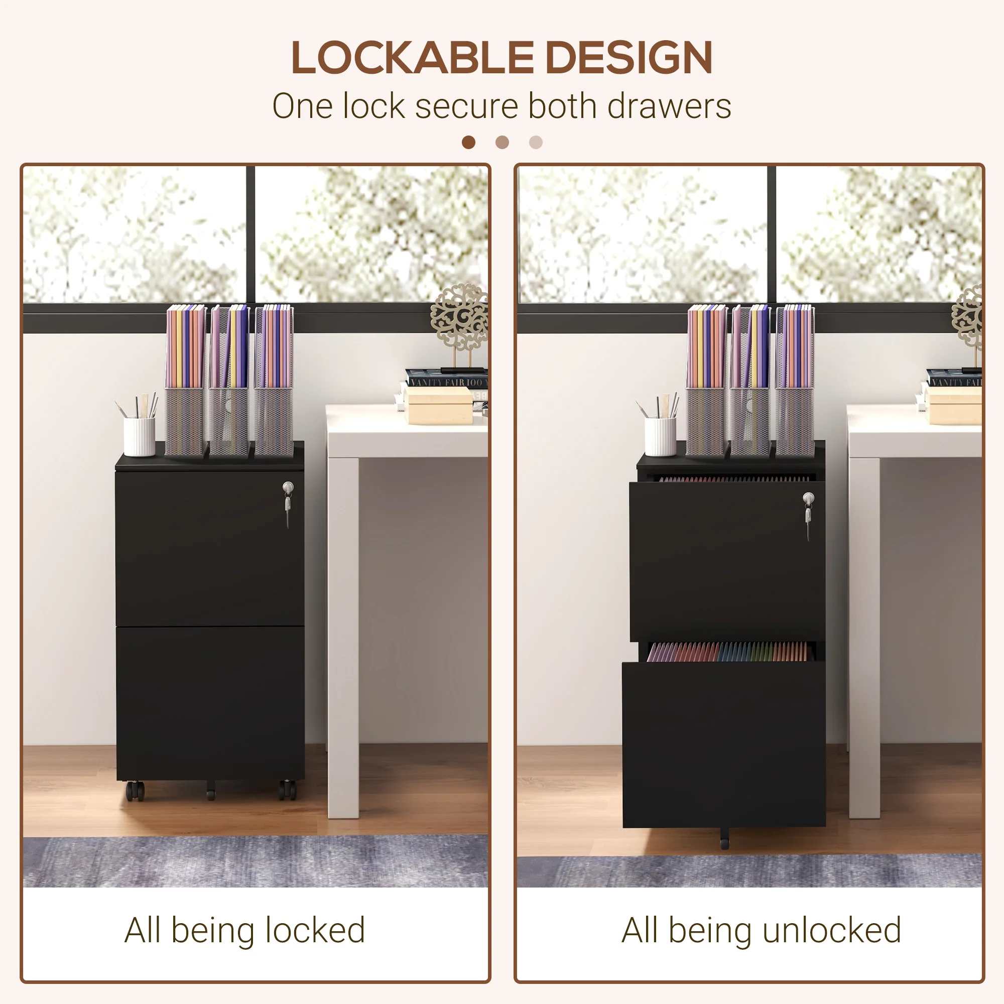 2-Drawer Steel Mobile File Cabinet with Lock, Under-Desk Office Cabinet, Black - Image 8