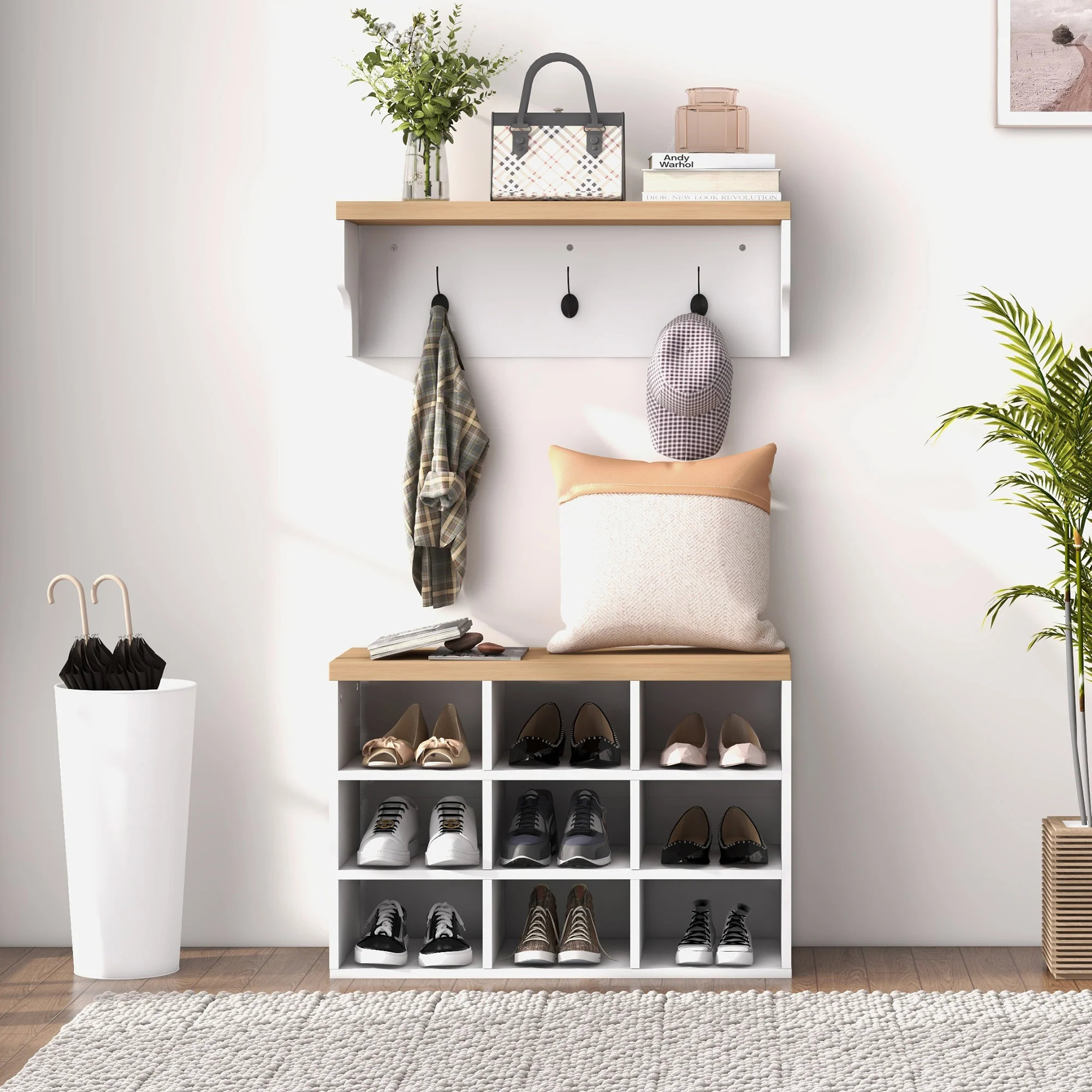 2 in 1 Coat Rack Shoe Bench Set with 5 Hooks and Storage for 9 Pairs White - Image 9