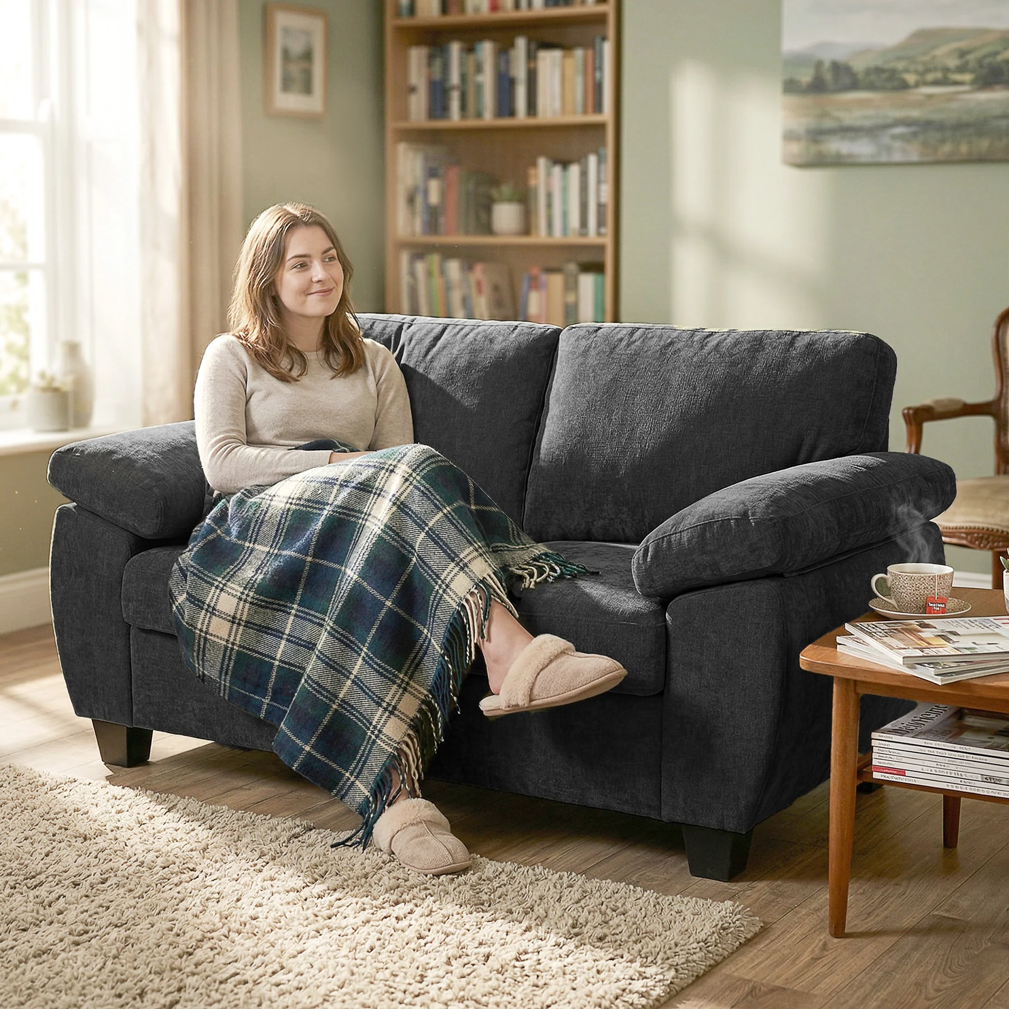 2 Seater Sofa, 156cm Chenille Loveseat Sofa with Thick Spring Cushions, Wide Padded Armrests, Couch Settee for Small Space, Living Room, Bedroom, Home Office, 300KG Capacity, Dark Grey - Image 3