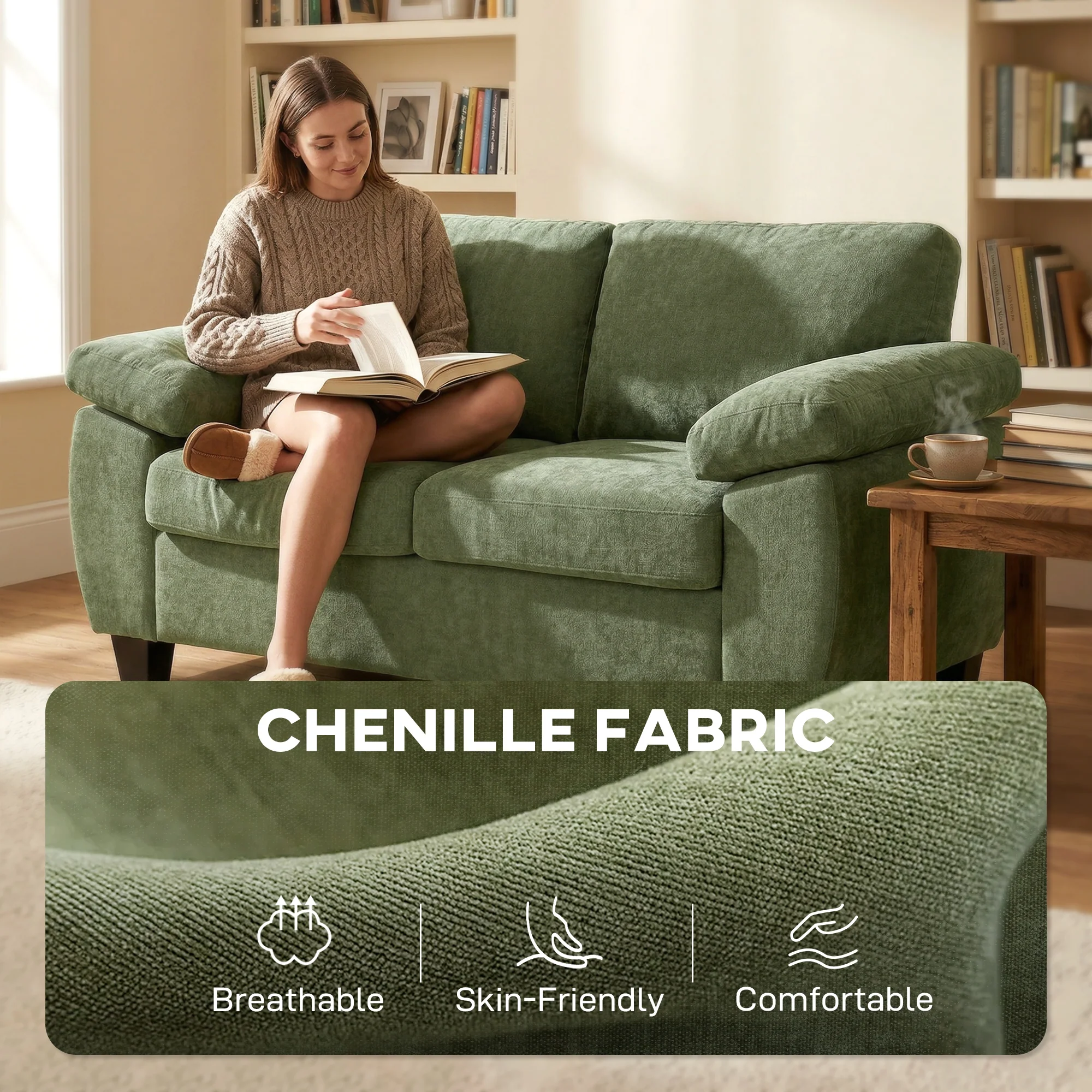 2 Seater Sofa, 156cm Chenille Loveseat Sofa with Thick Spring Cushions, Wide Padded Armrests, Couch Settee for Small Space, Living Room, Bedroom, Home Office, 300KG Capacity, Dark Green - Image 7