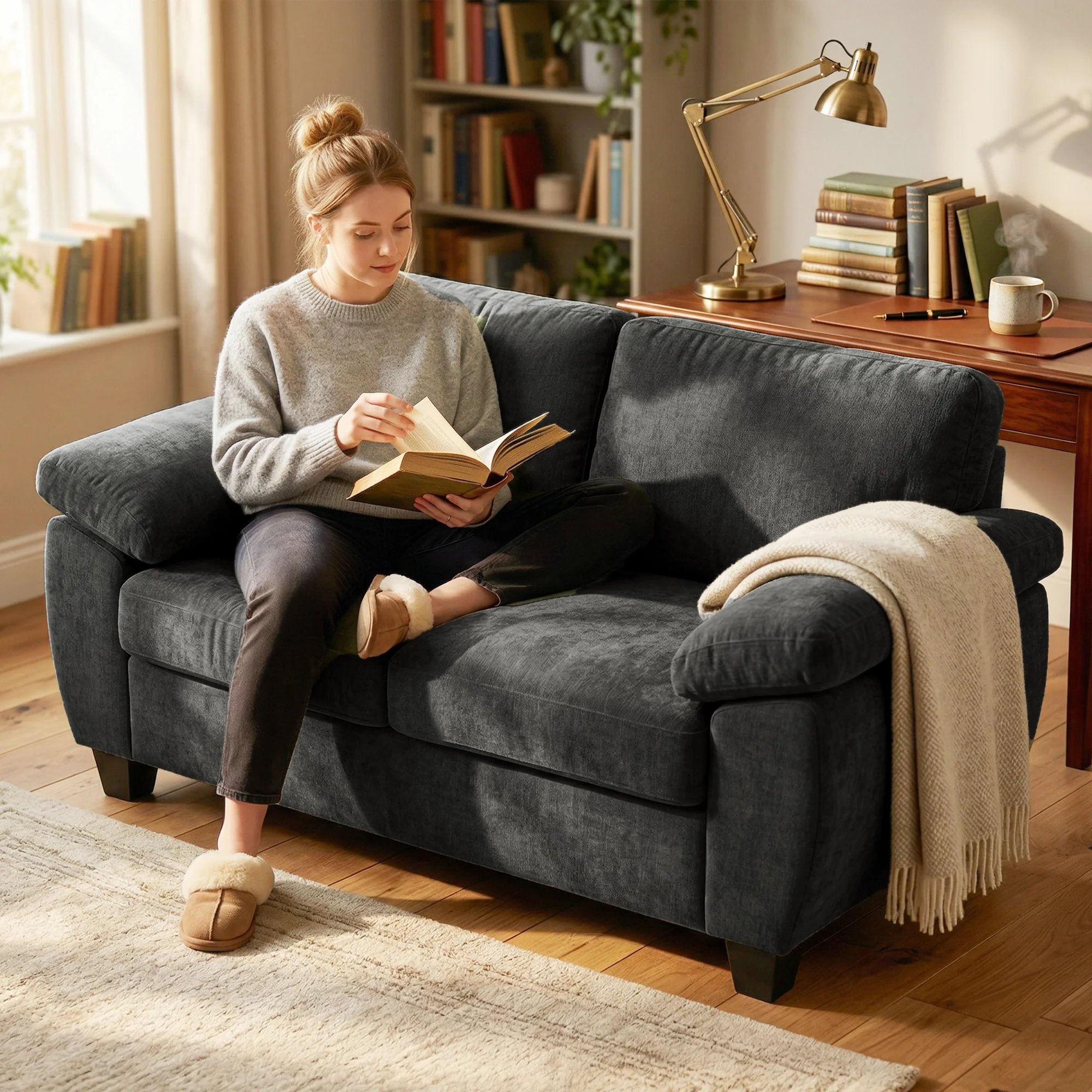 2 Seater Sofa, 156cm Chenille Loveseat Sofa with Thick Spring Cushions, Wide Padded Armrests, Couch Settee for Small Space, Living Room, Bedroom, Home Office, 300KG Capacity, Dark Grey - Image 9