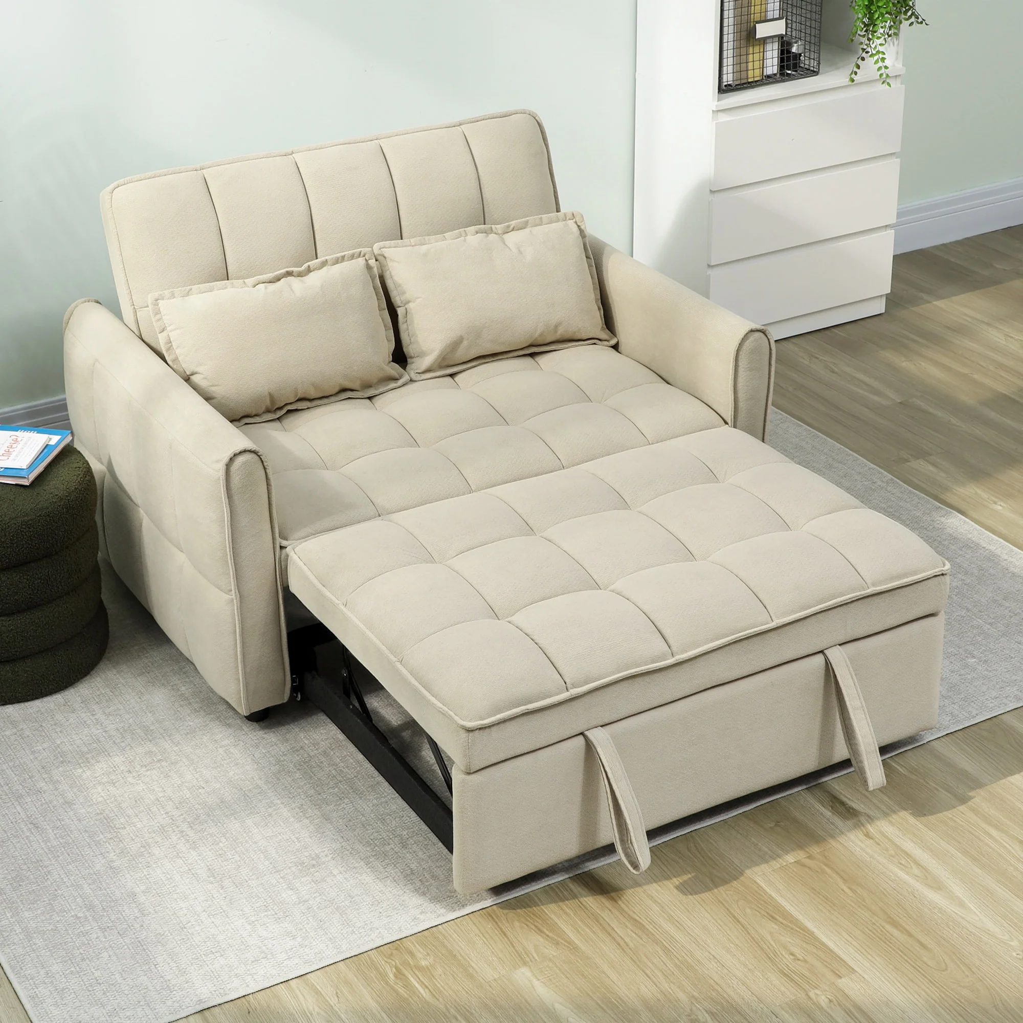 2 Seater Convertible Sofa Bed, 3-in-1 Velvet-feel Convertible Sleeper Sofa, Light Brown - Image 10