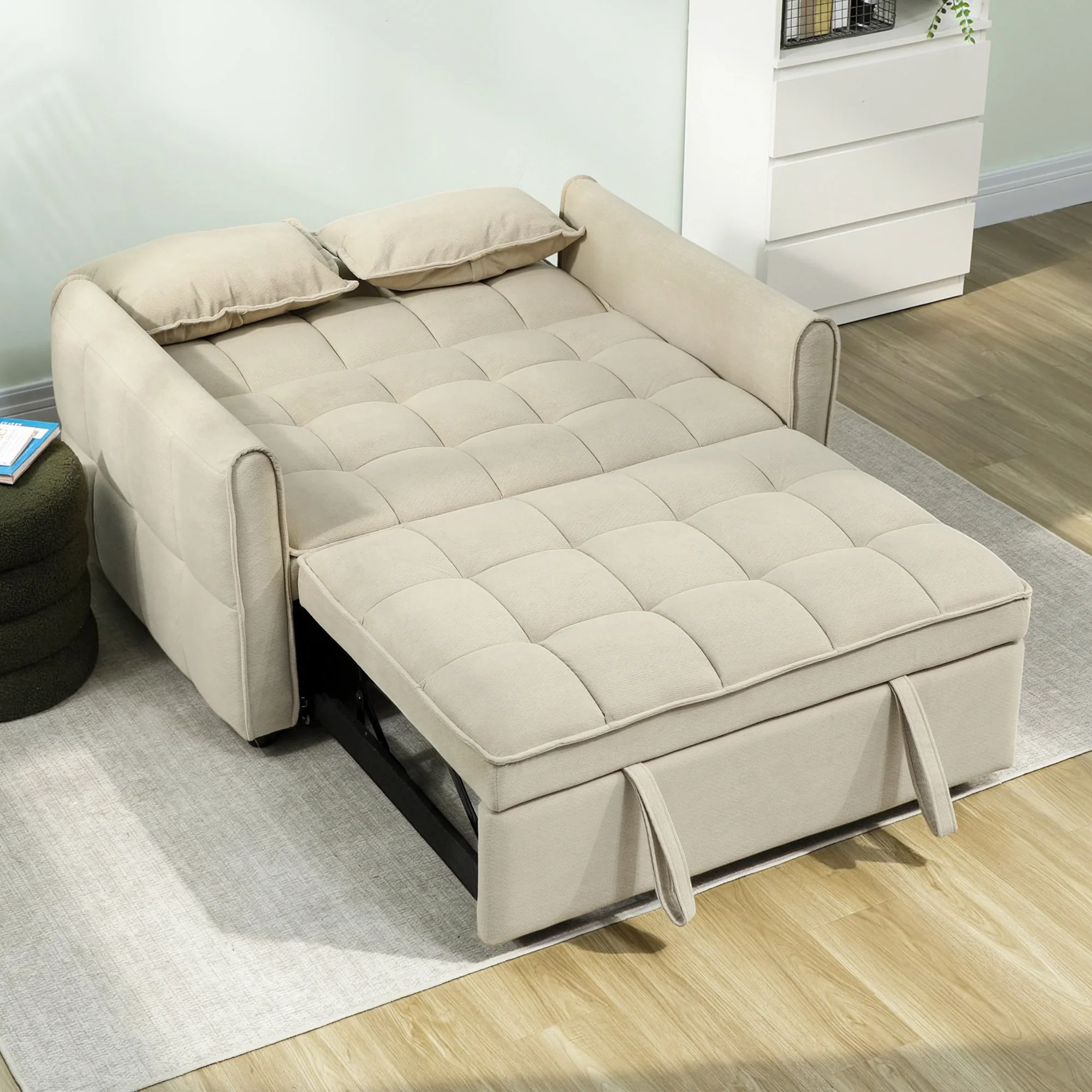 2 Seater Convertible Sofa Bed, 3-in-1 Velvet-feel Convertible Sleeper Sofa, Light Brown - Image 4