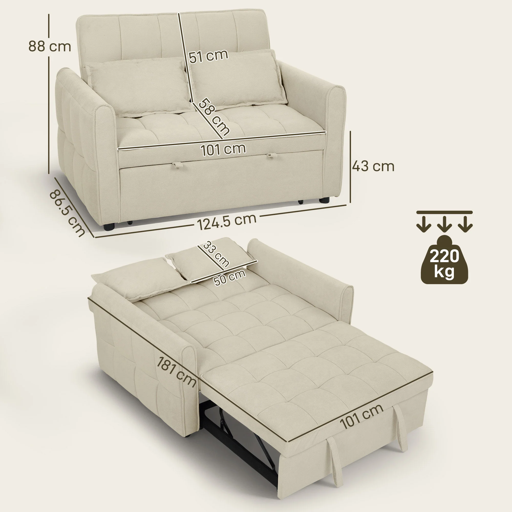 2 Seater Convertible Sofa Bed, 3-in-1 Velvet-feel Convertible Sleeper Sofa, Light Brown - Image 5