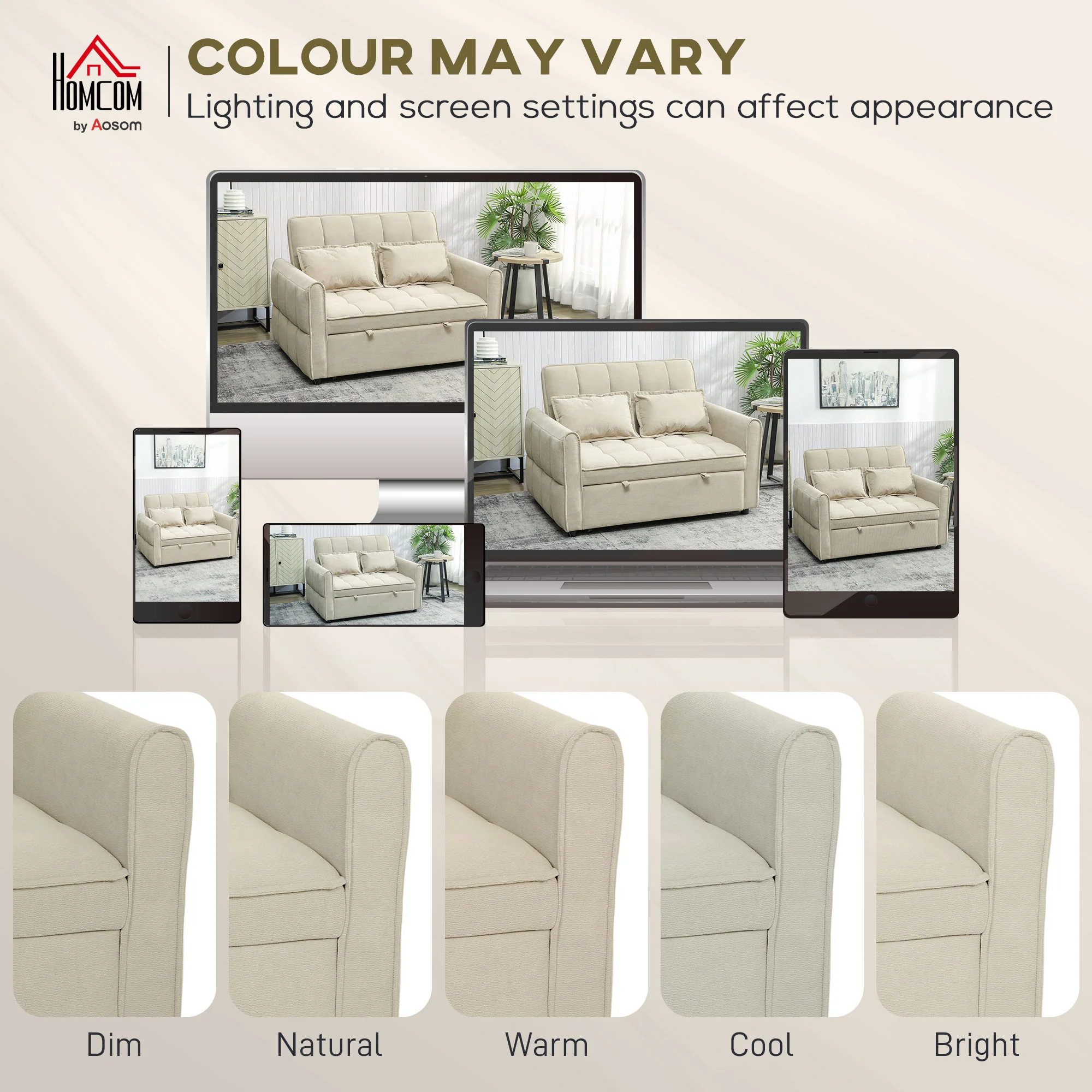 2 Seater Convertible Sofa Bed, 3-in-1 Velvet-feel Convertible Sleeper Sofa, Light Brown - Image 9