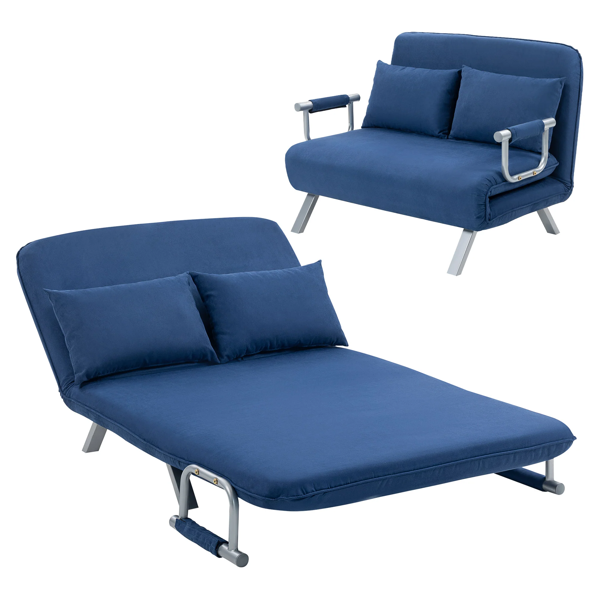 2 Seater Sofa Bed, Click Clack Convertible Bed Settee, Modern Faux Suede Upholstered Sofa with 2 Pillows for Living Room, Guest Room, Dark Blue
