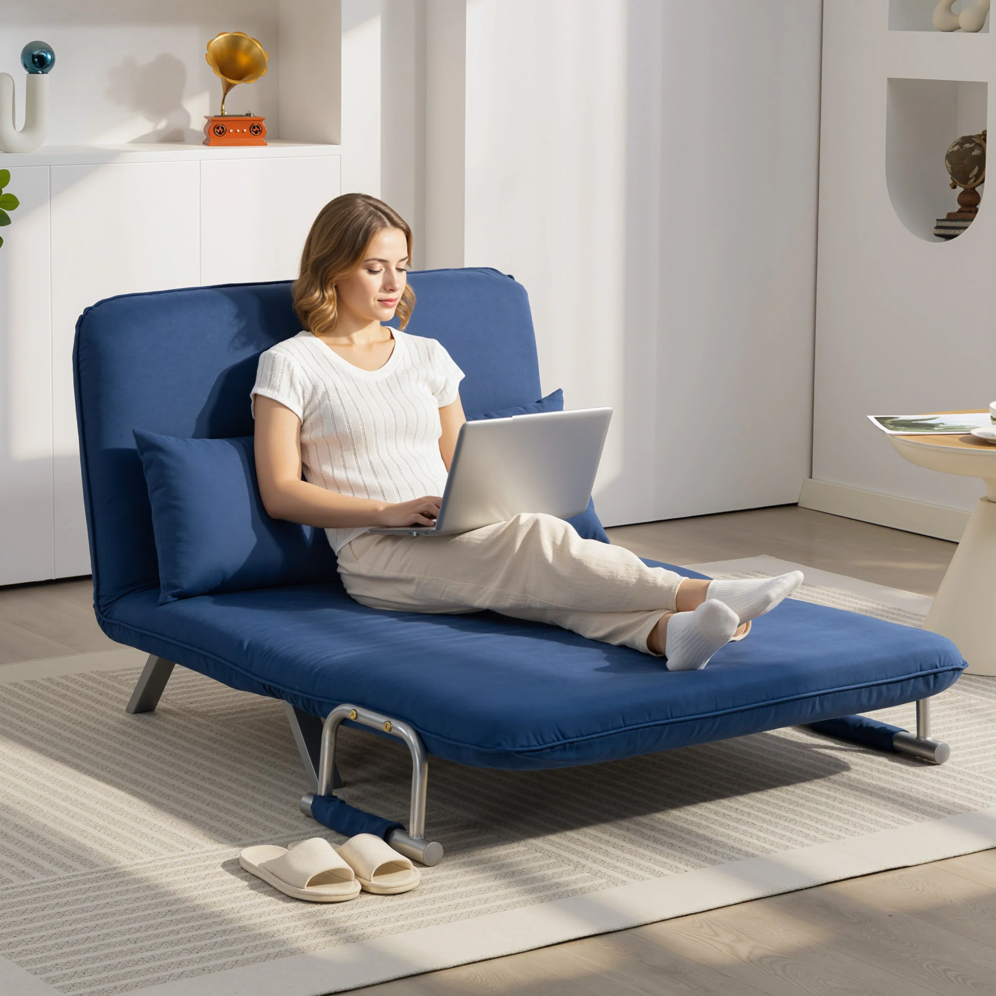 2 Seater Sofa Bed, Click Clack Convertible Bed Settee, Modern Faux Suede Upholstered Sofa with 2 Pillows for Living Room, Guest Room, Dark Blue - Image 3