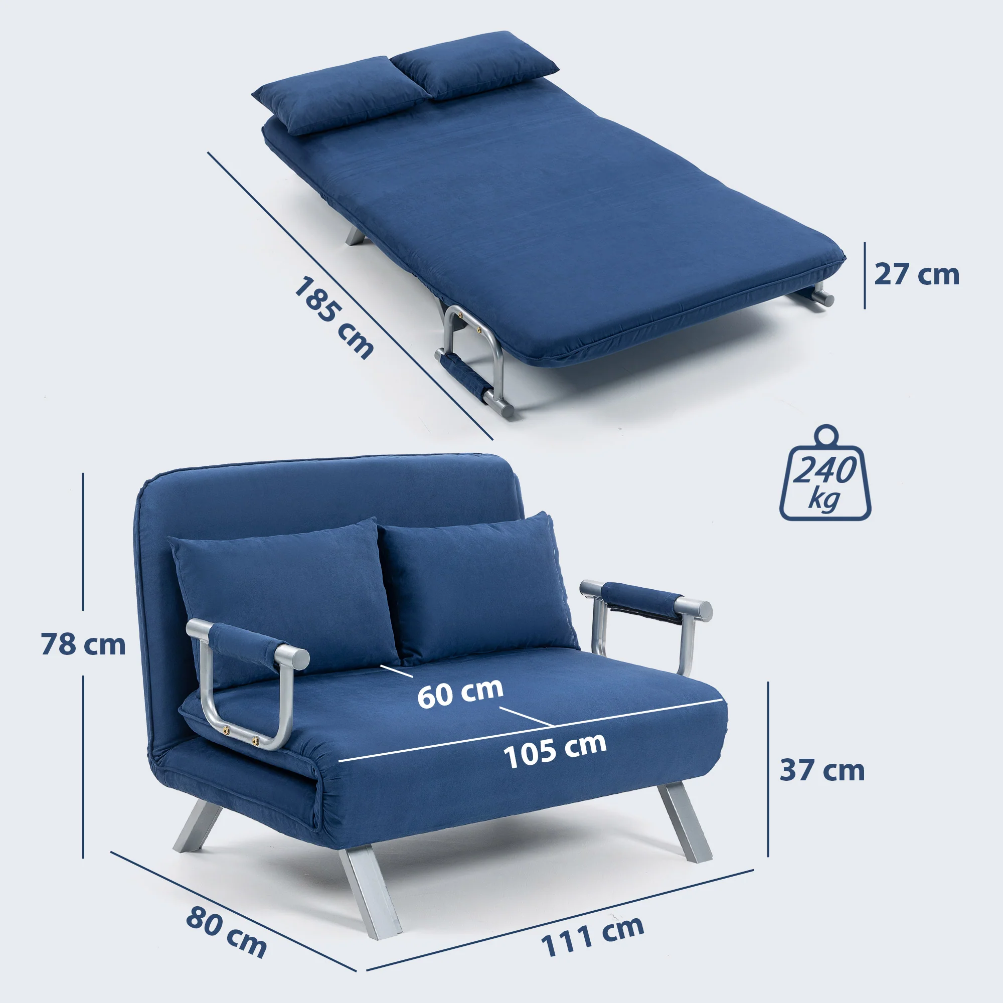 2 Seater Sofa Bed, Click Clack Convertible Bed Settee, Modern Faux Suede Upholstered Sofa with 2 Pillows for Living Room, Guest Room, Dark Blue - Image 5