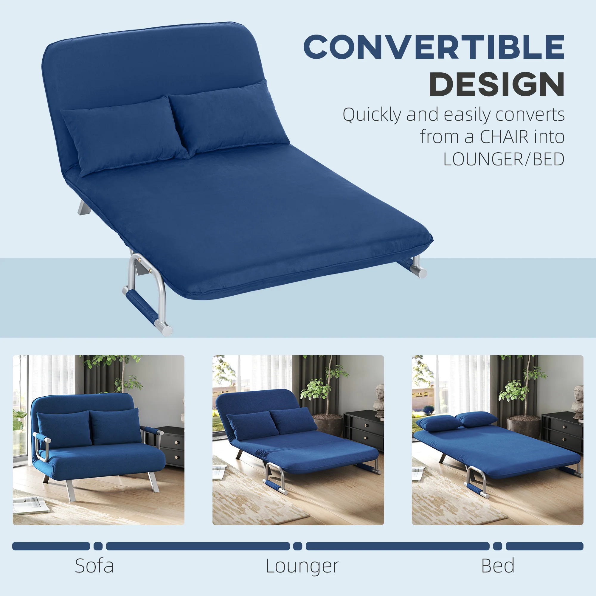 2 Seater Sofa Bed, Click Clack Convertible Bed Settee, Modern Faux Suede Upholstered Sofa with 2 Pillows for Living Room, Guest Room, Dark Blue - Image 6