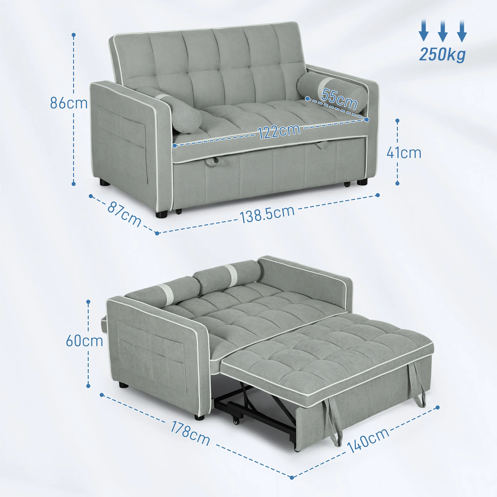 Modern 2 Seater Sofa Bed, Pull Out Sofa Bed with Adjustable Backrest and Pillows, Light Grey - Image 5