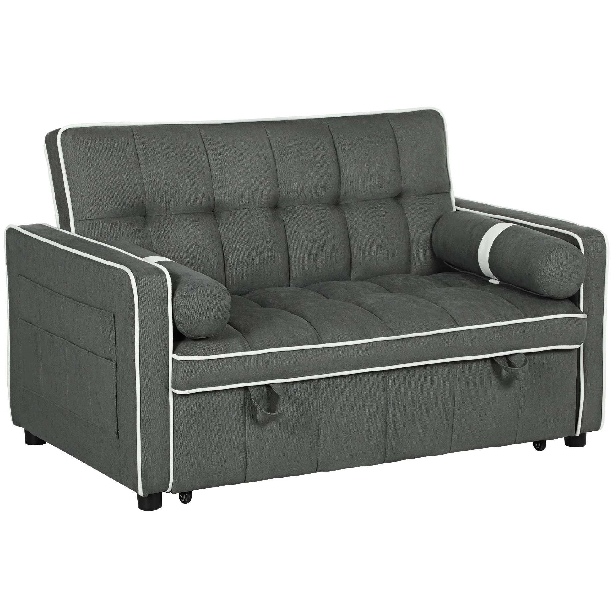 Modern 2 Seater Sofa Bed, Pull Out Sofa Bed with Adjustable Backrest and Pillows, Charcoal Grey