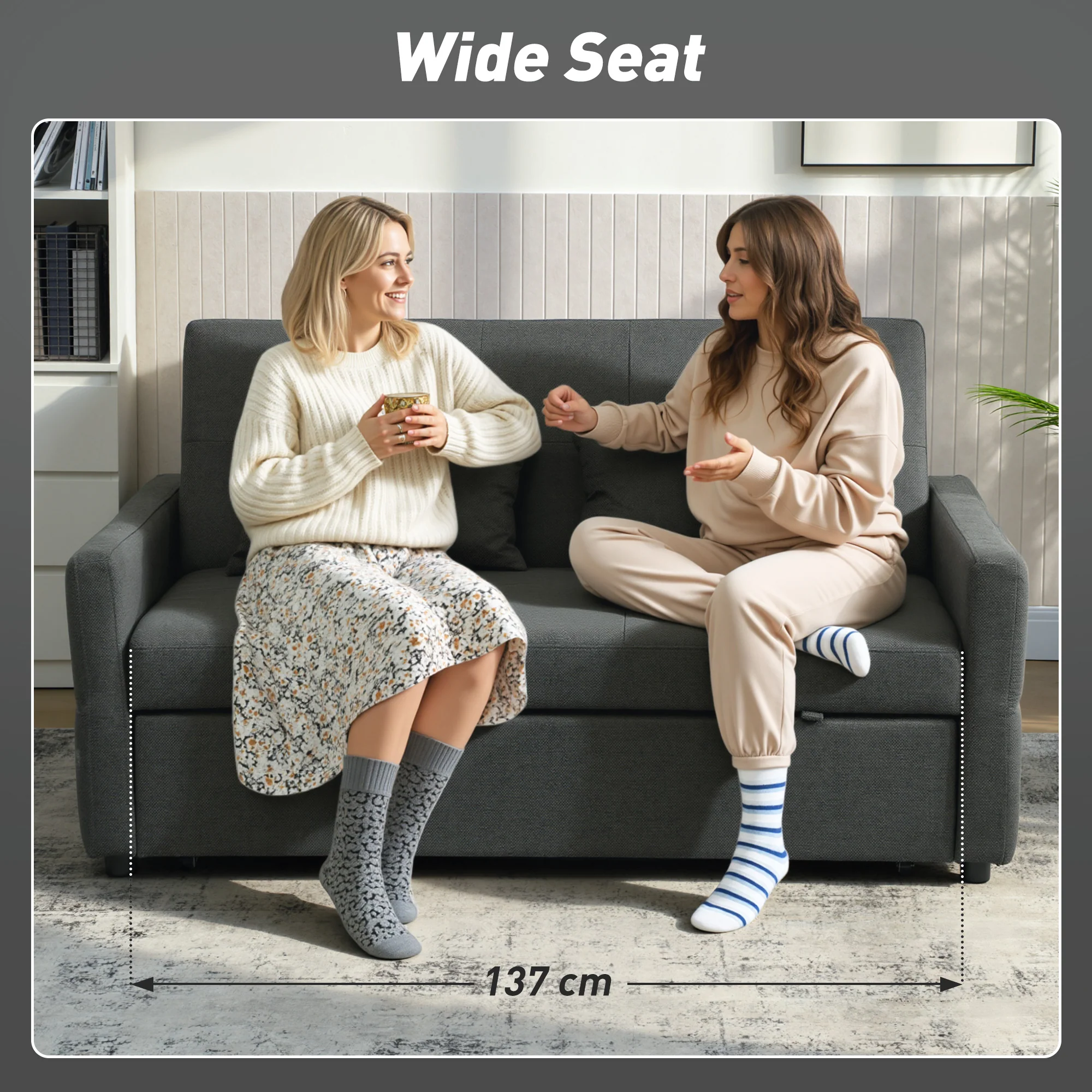 2 Seater Sofa Bed, Click Clack Sleeper Sofa with Pull Out Design, Linen Convertible, 137x179cm, Charcoal Grey - Image 9